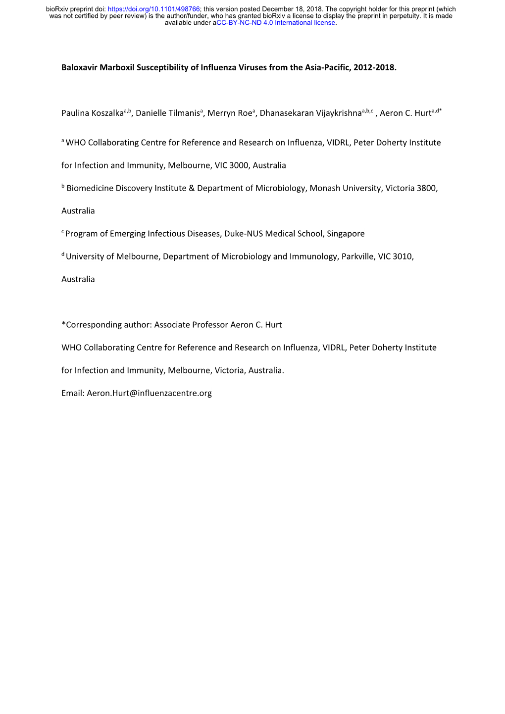 Baloxavir Marboxil Susceptibility of Influenza Viruses from the Asia-Pacific, 2012-2018