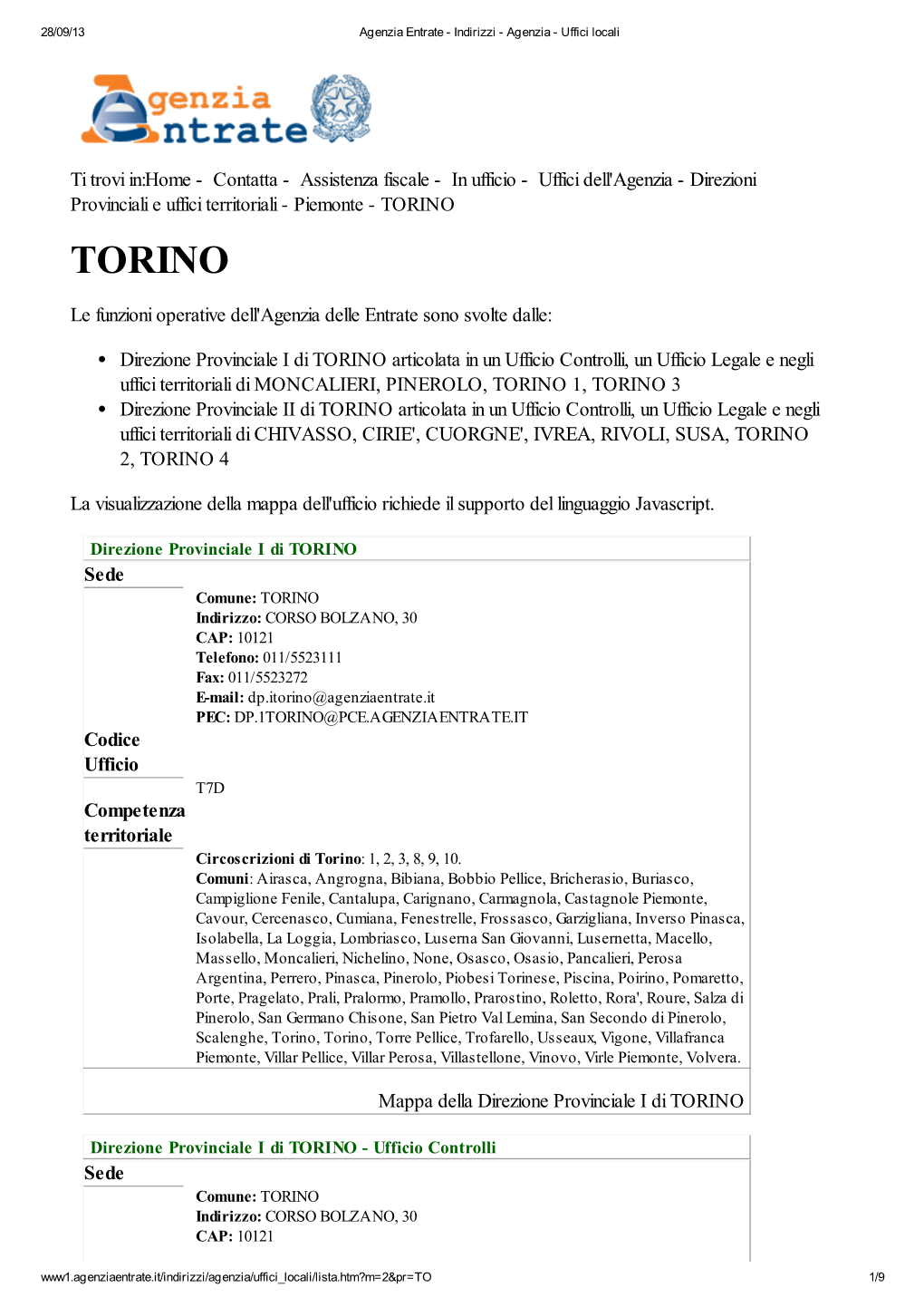 Codici Uffici Agenzia Delle Entrate Della Provincia Di Torino