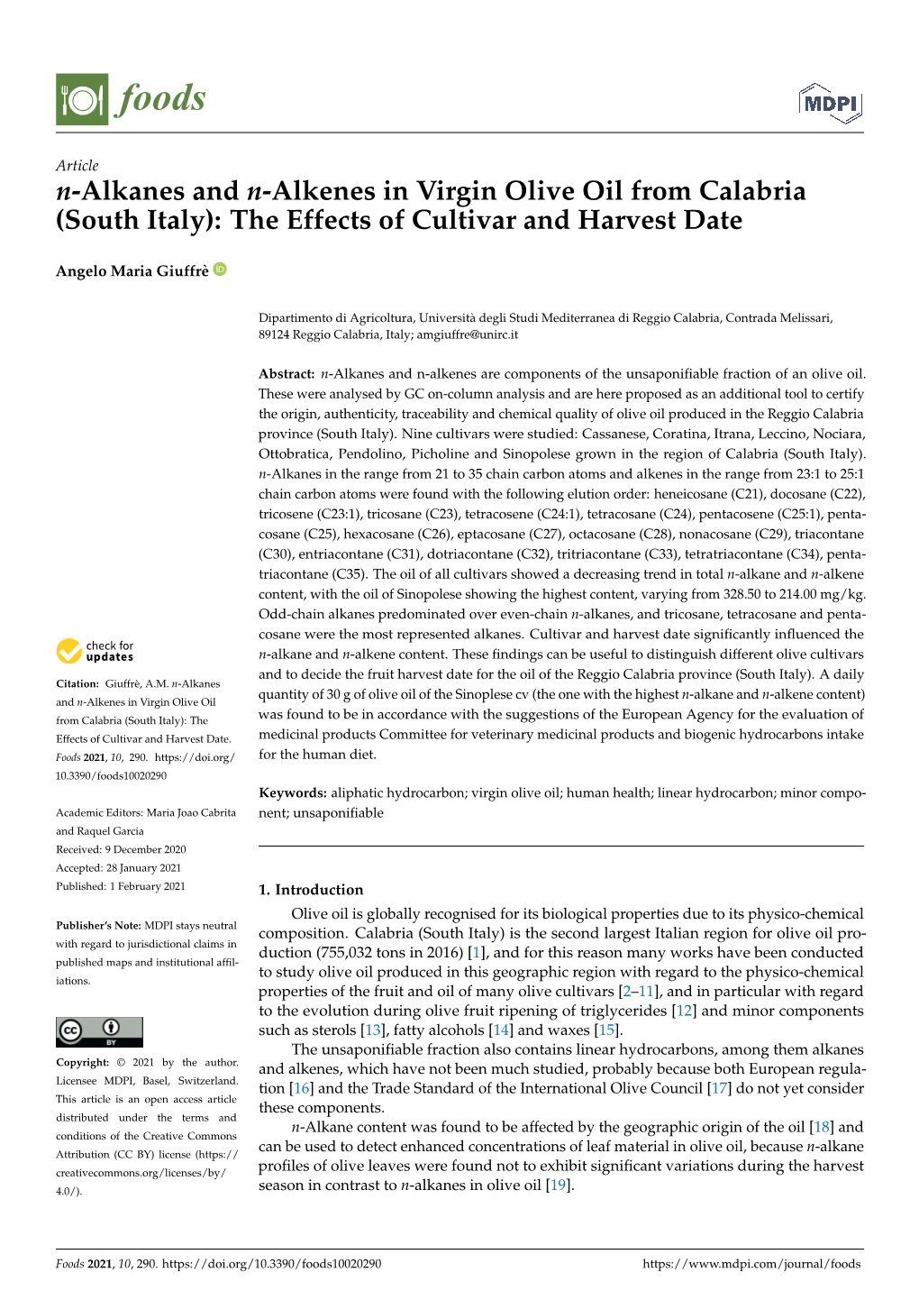 N-Alkanes and N-Alkenes in Virgin Olive Oil from Calabria (South Italy): the Effects of Cultivar and Harvest Date