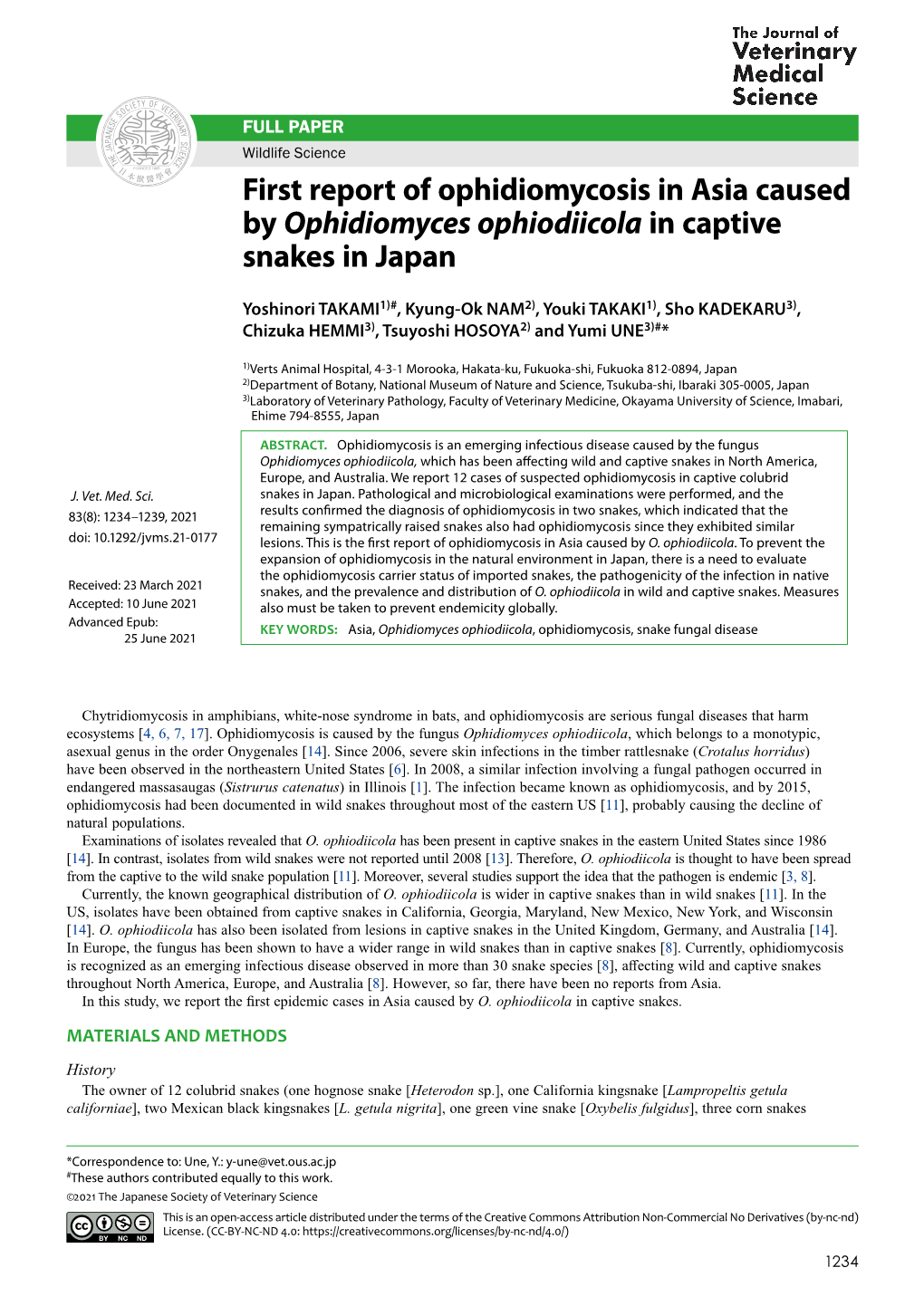First Report of Ophidiomycosis in Asia Caused by Ophidiomyces Ophiodiicola in Captive Snakes in Japan