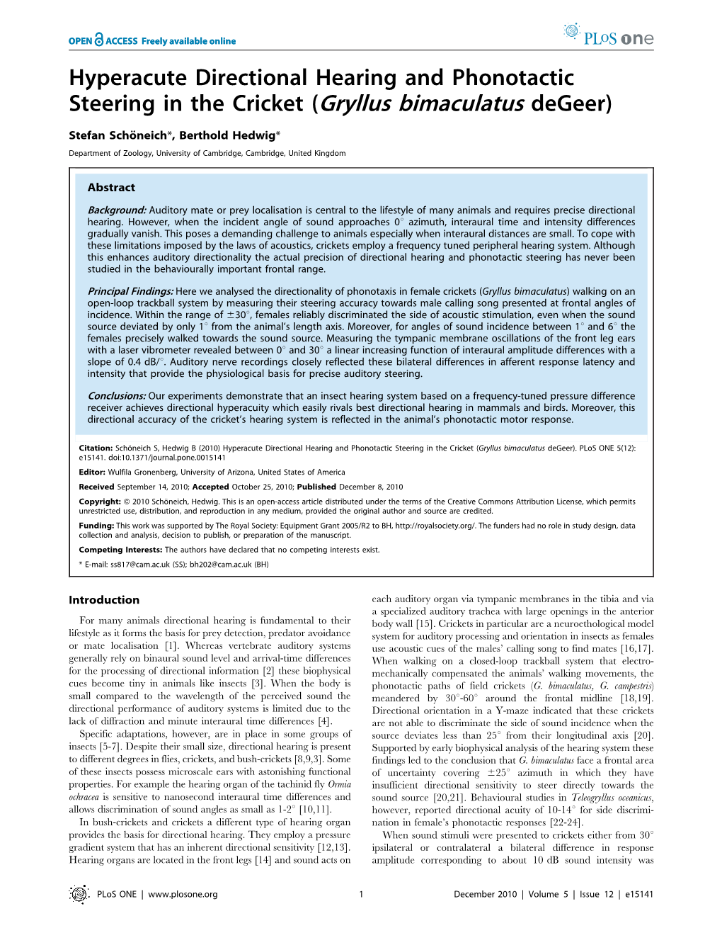 Hyperacute Directional Hearing and Phonotactic Steering in the Cricket (Gryllus Bimaculatus Degeer)