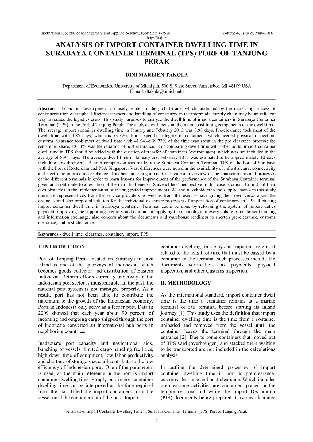 Analysis of Import Container Dwelling Time in Surabaya Container Terminal (Tps) Porf of Tanjung Perak