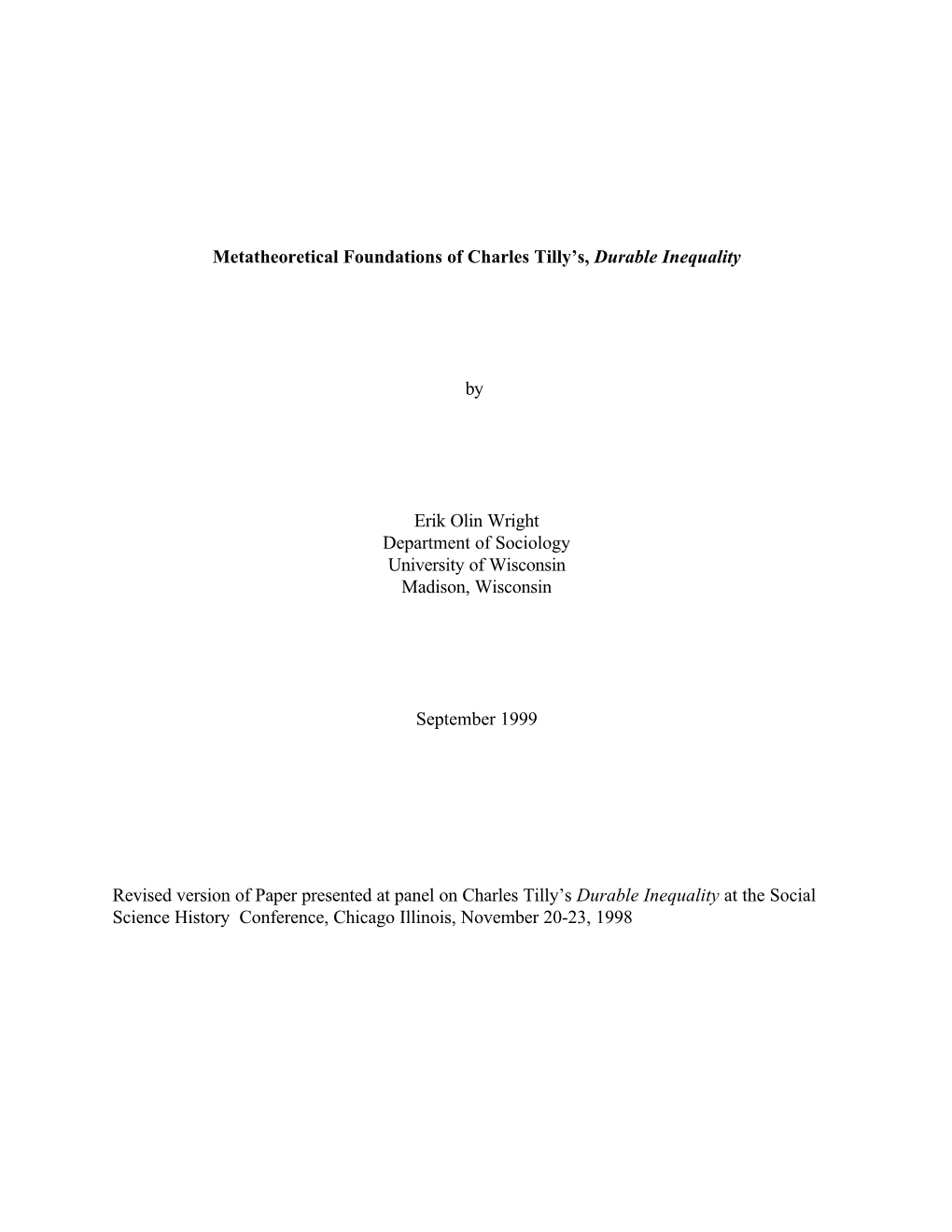 Metatheoretical Foundations of Charles Tilly's, Durable Inequality