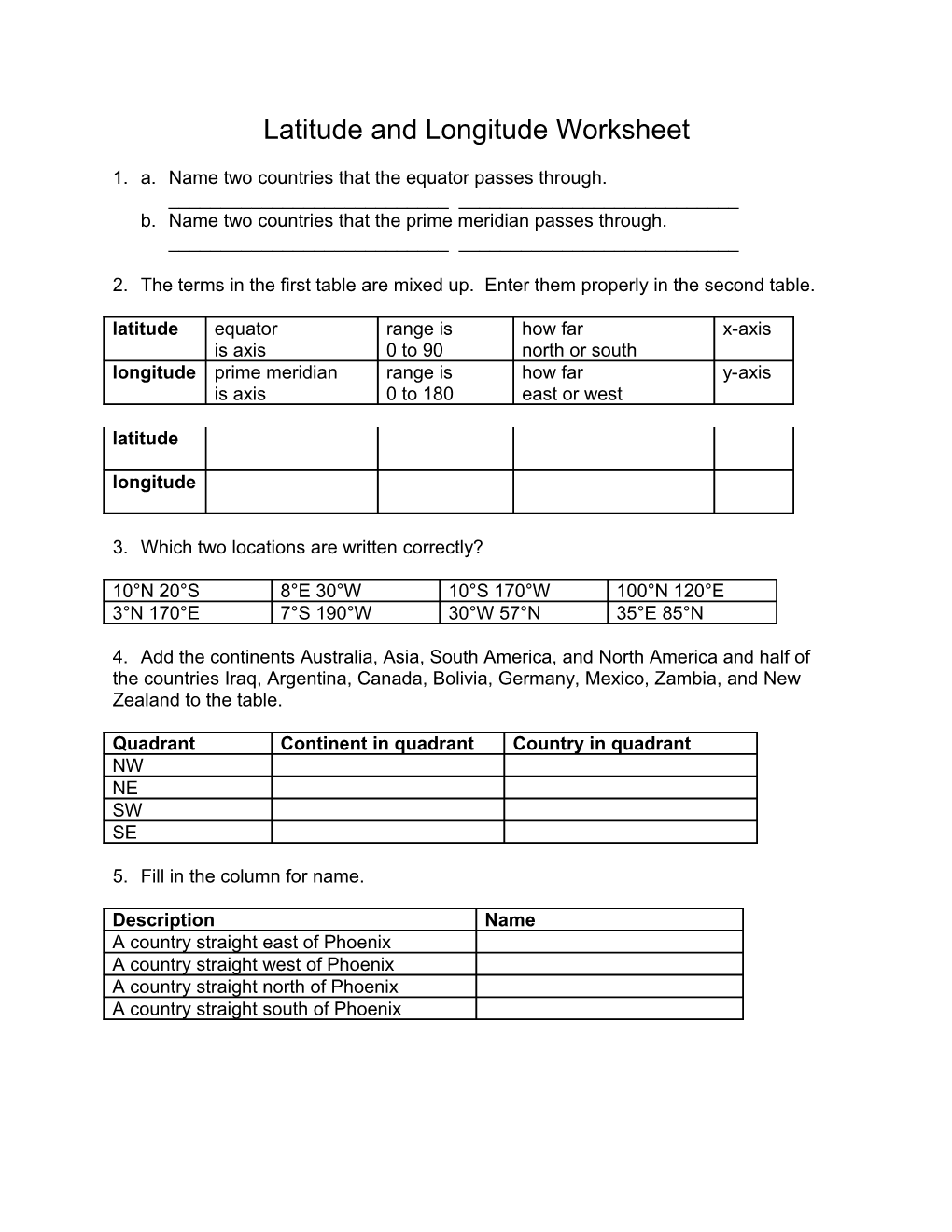 Latitude and Longitude Worksheet