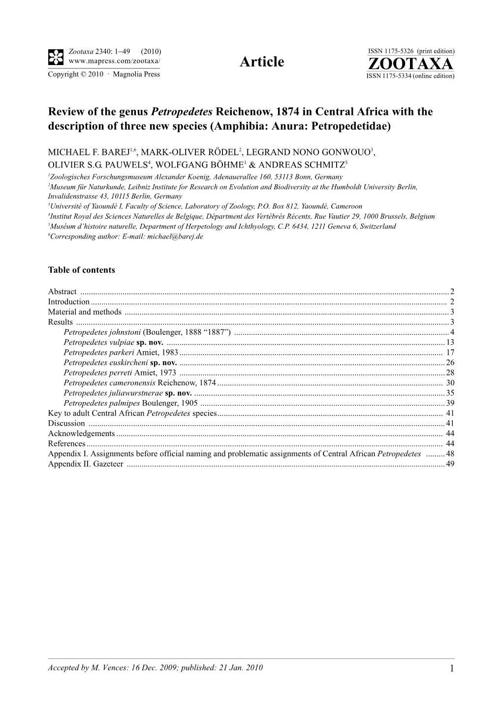 Zootaxa, Review of the Genus Petropedetes Reichenow, 1874 In