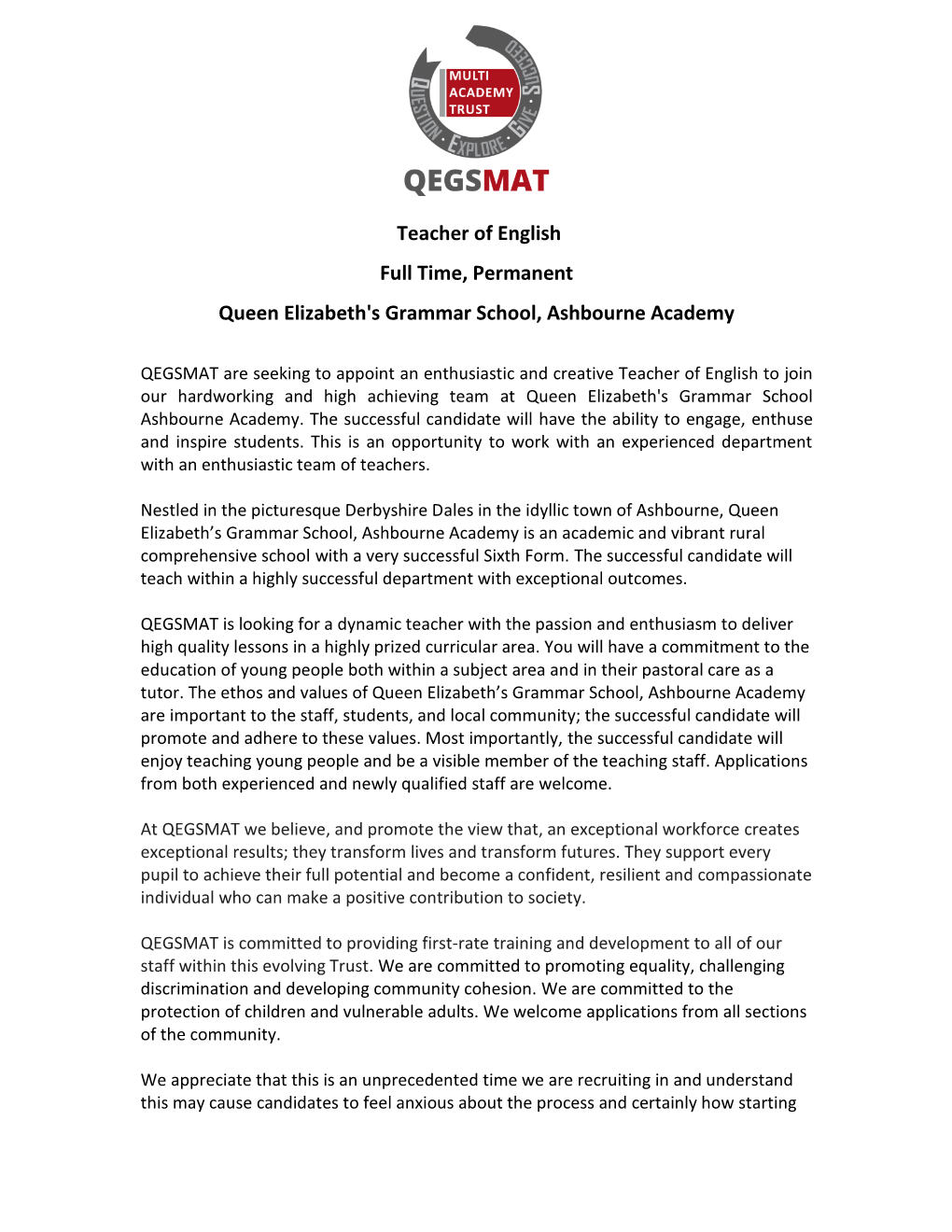 Teacher of English Full Time, Permanent Queen Elizabeth's Grammar School, Ashbourne Academy