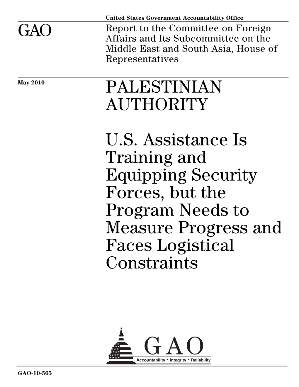 GAO-10-505 Palestinian Authority: U.S. Assistance Is Training And