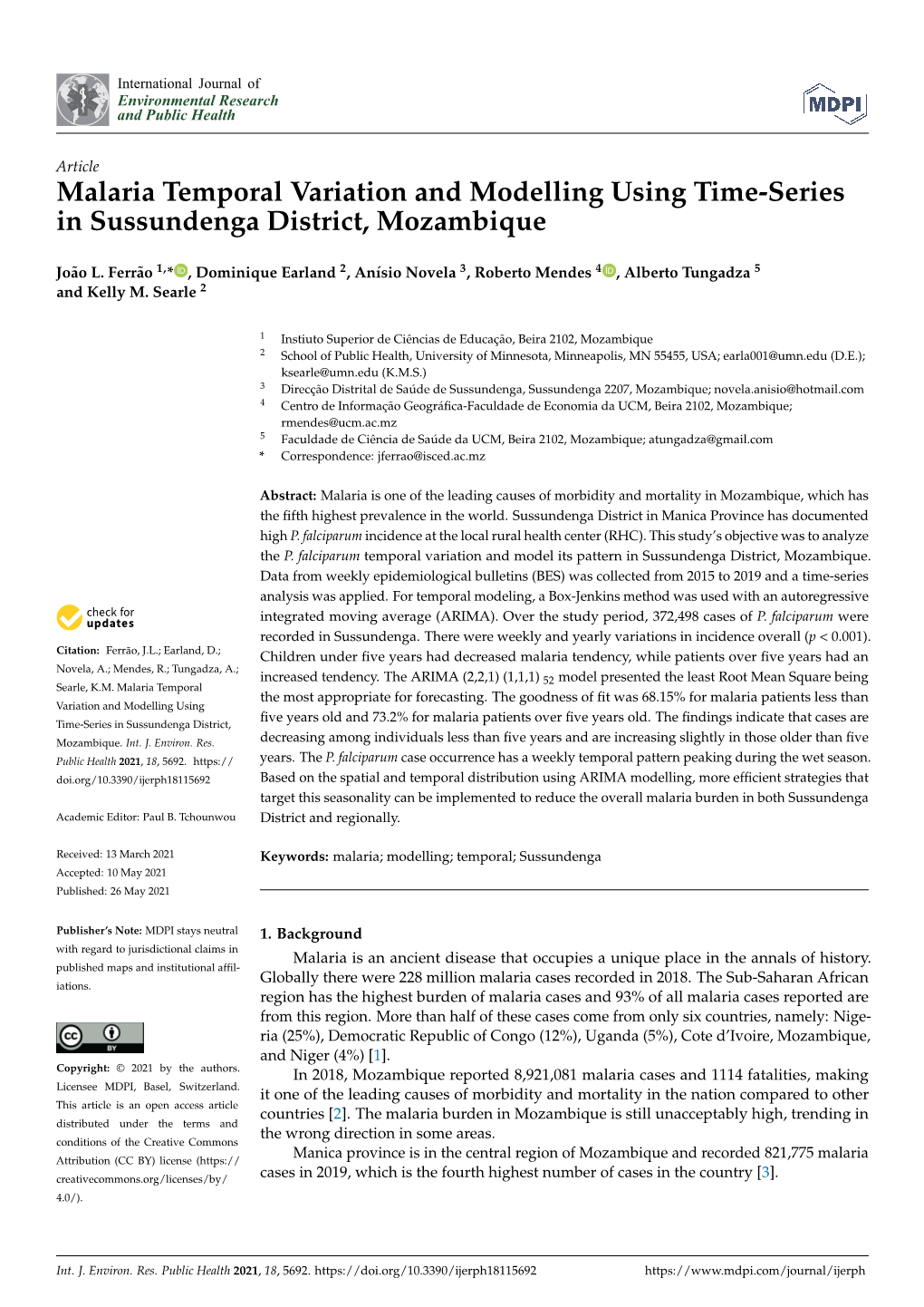 Malaria Temporal Variation and Modelling Using Time-Series in Sussundenga District, Mozambique