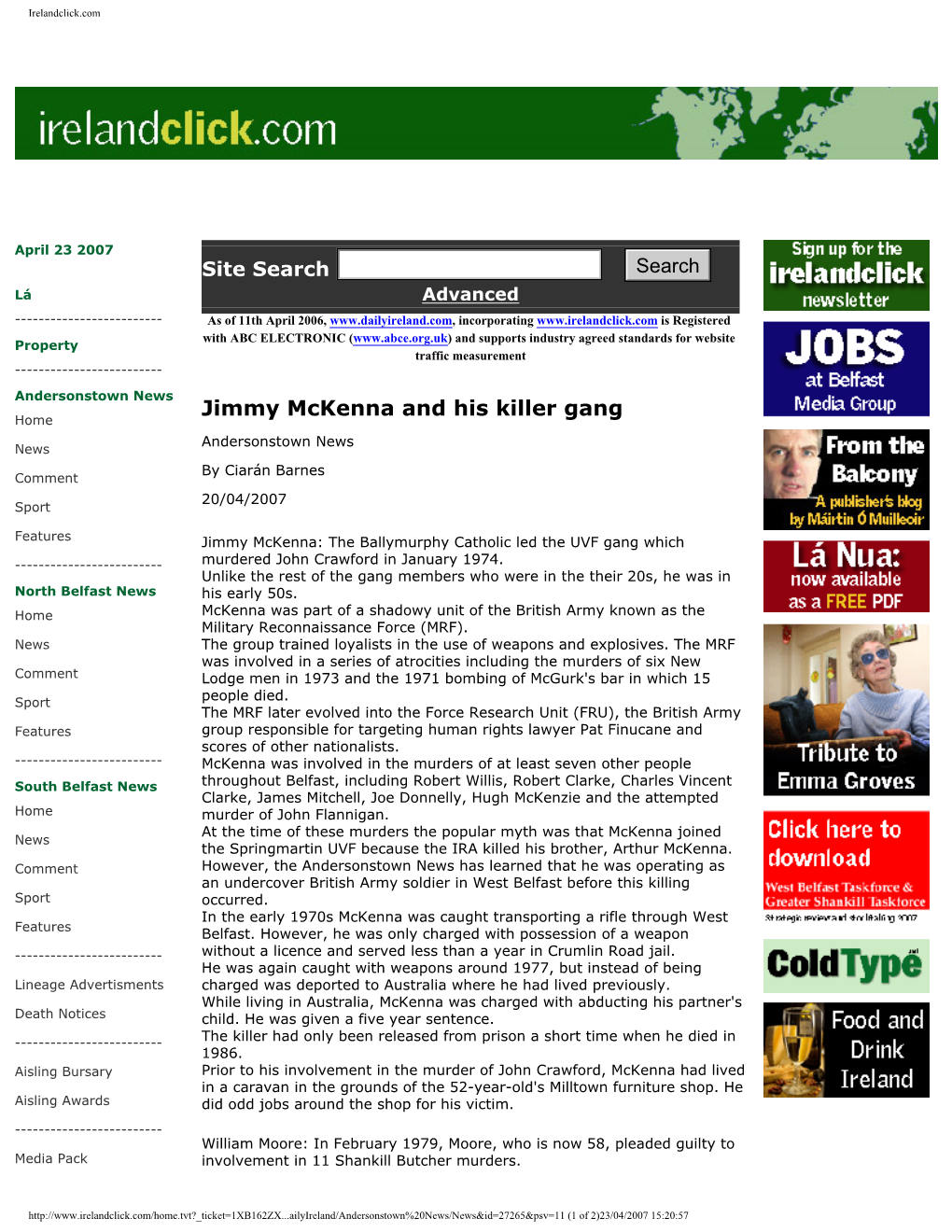 Jimmy Mckenna and His Killer Gang Home Andersonstown News News by Ciarán Barnes Comment 20/04/2007 Sport