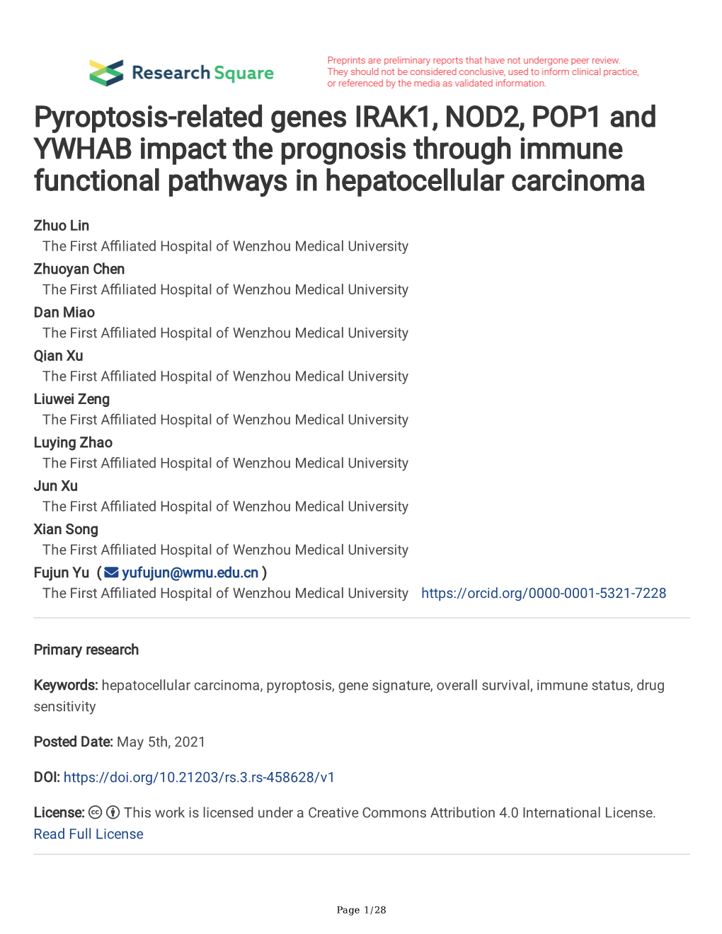 Pyroptosis-Related Genes IRAK1, NOD2, POP1 and YWHAB Impact the Prognosis Through Immune Functional Pathways in Hepatocellular Carcinoma