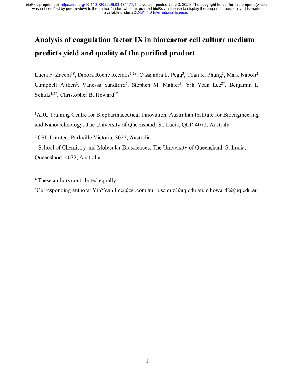 Analysis of Coagulation Factor IX in Bioreactor Cell Culture Medium Predicts Yield and Quality of the Purified Product