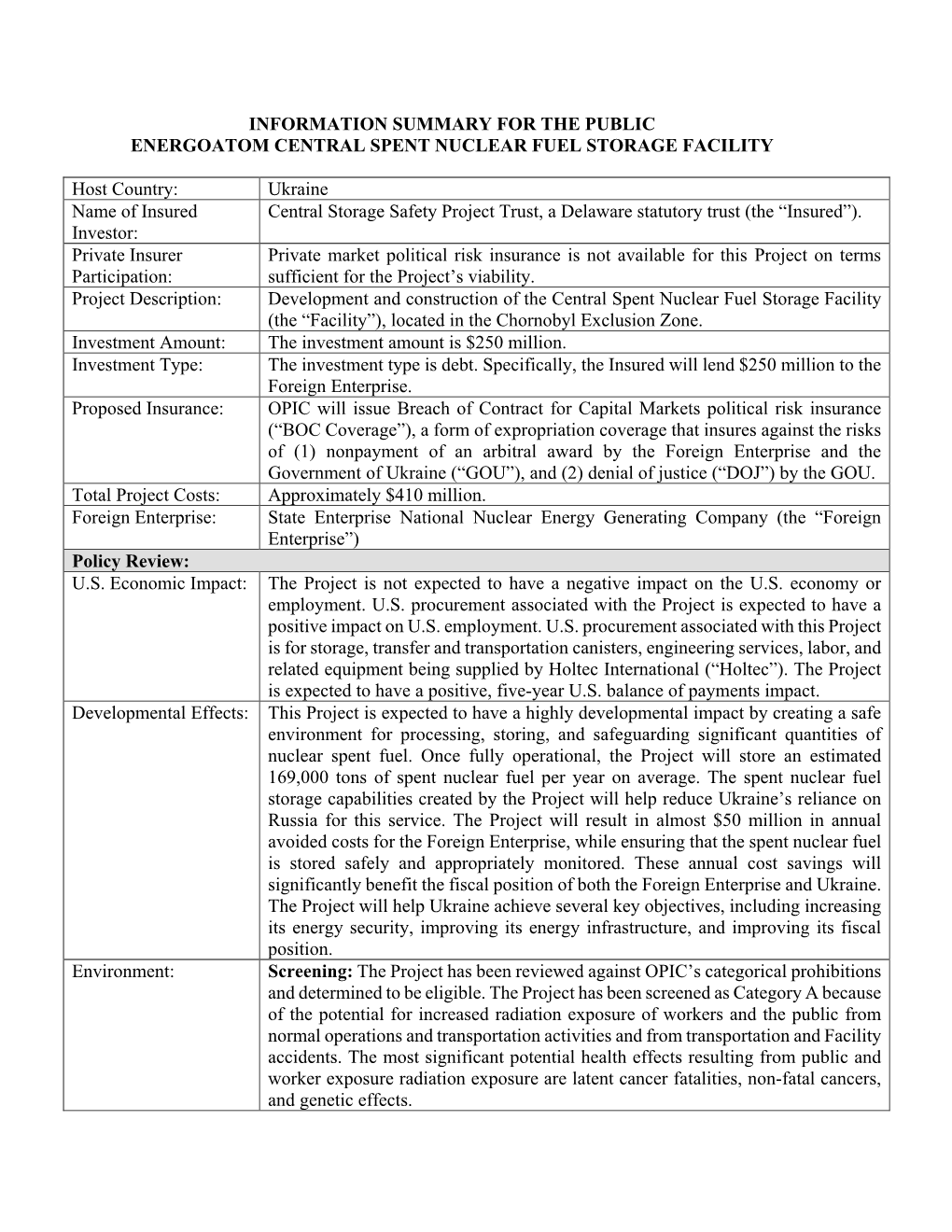 Information Summary for the Public Energoatom Central Spent Nuclear Fuel Storage Facility