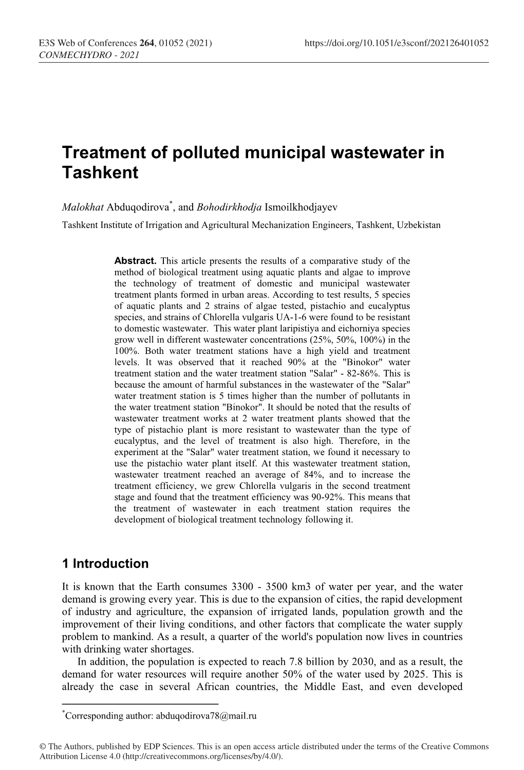 Treatment of Polluted Municipal Wastewater in Tashkent