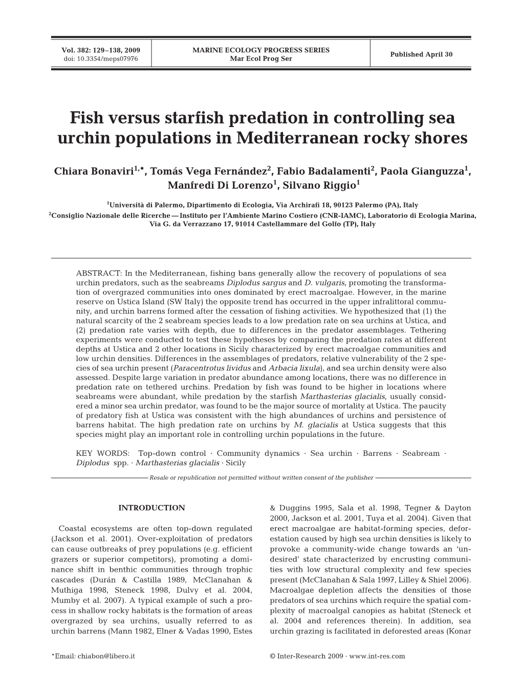 Fish Versus Starfish Predation in Controlling Sea Urchin Populations in Mediterranean Rocky Shores