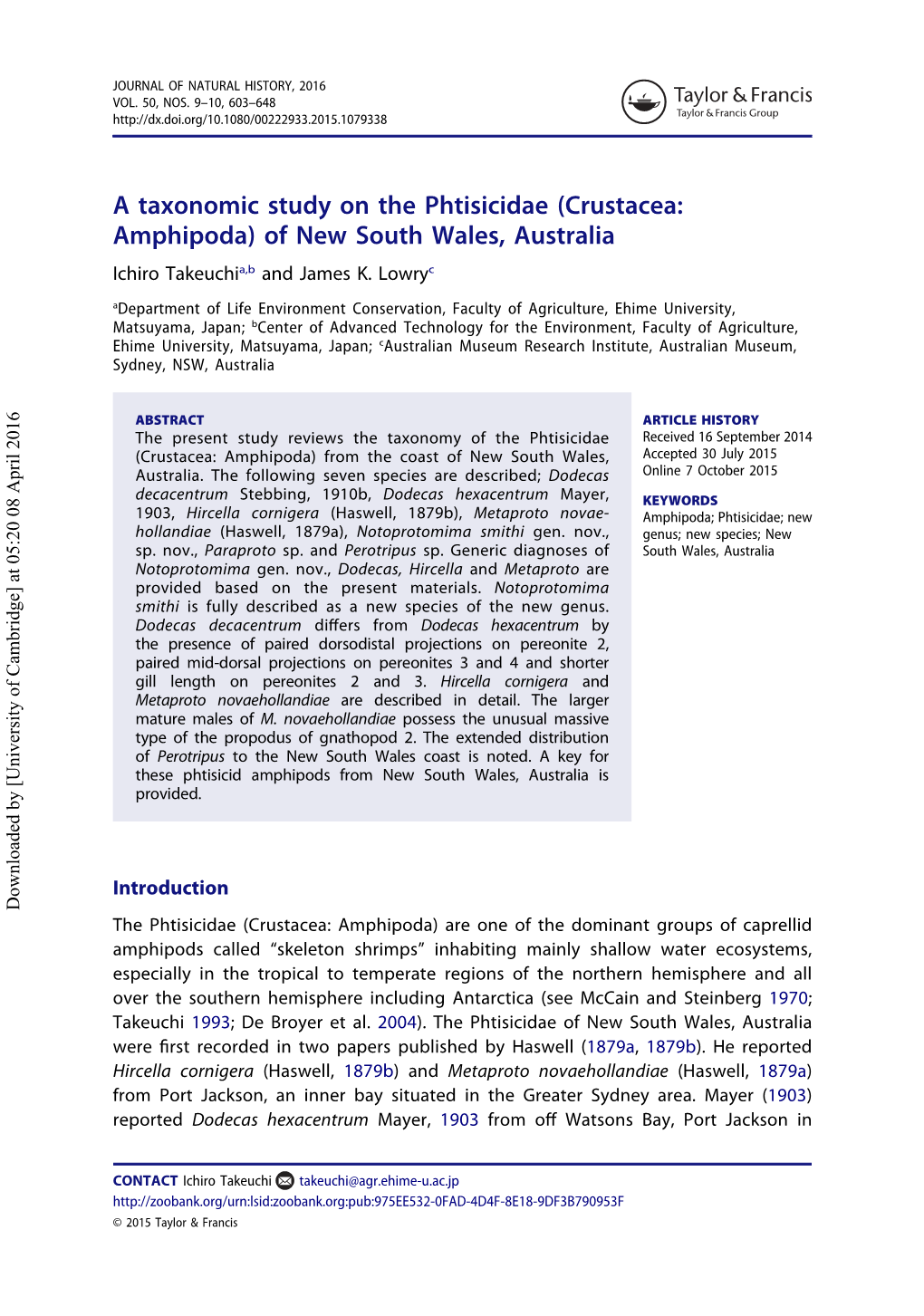 Crustacea: Amphipoda) of New South Wales, Australia