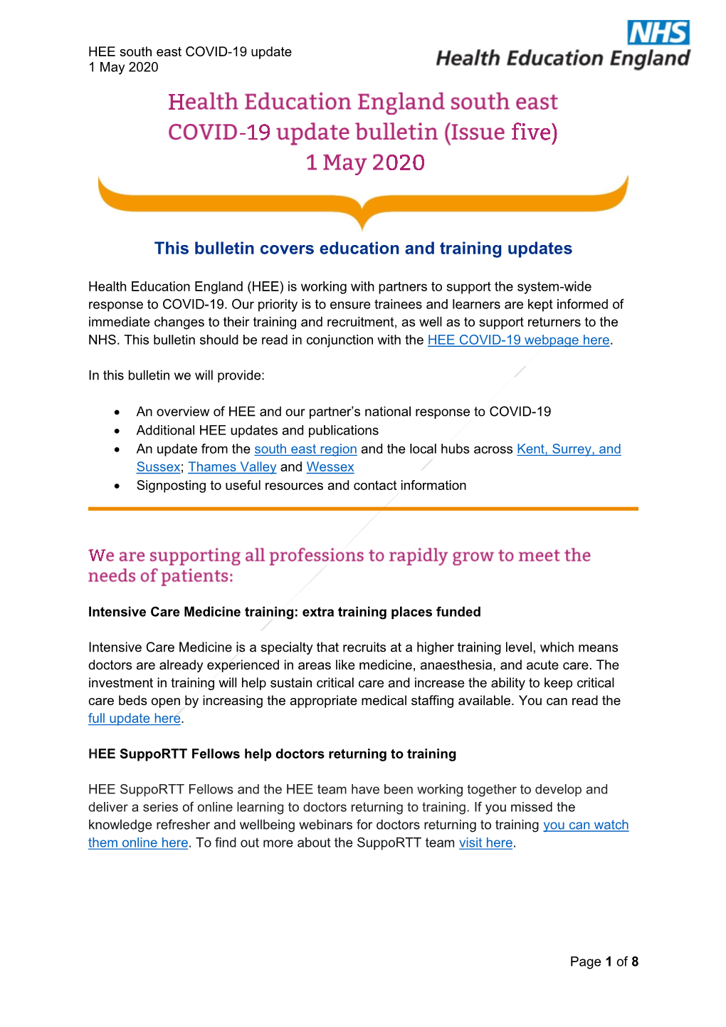 HEE South East COVID-19 Update 1 May 2020