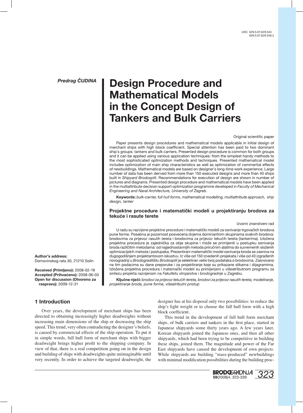 Design Procedure and Mathematical Models in the Concept Design of Tankers and Bulk Carriers