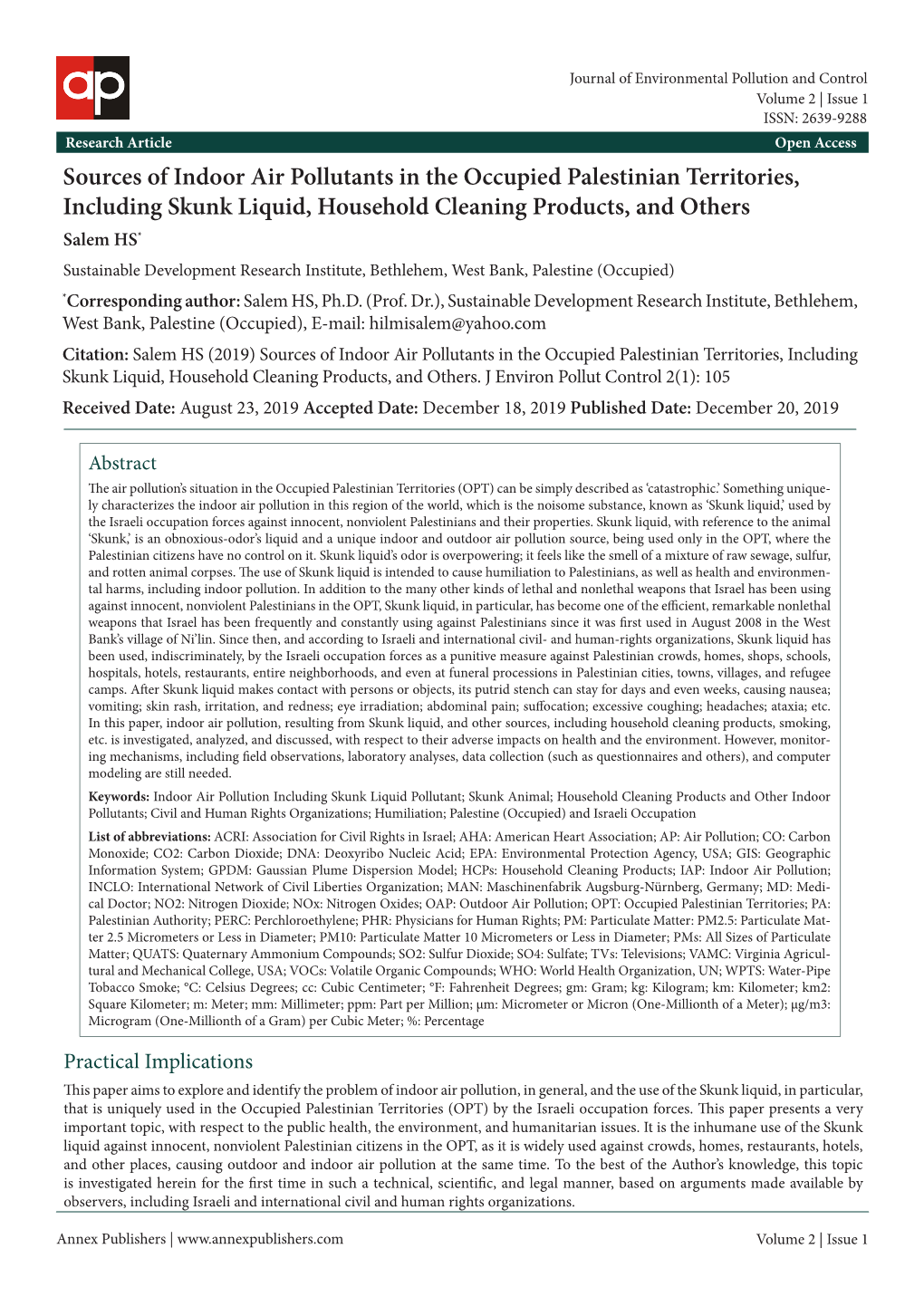 Sources of Indoor Air Pollutants in the Occupied Palestinian Territories