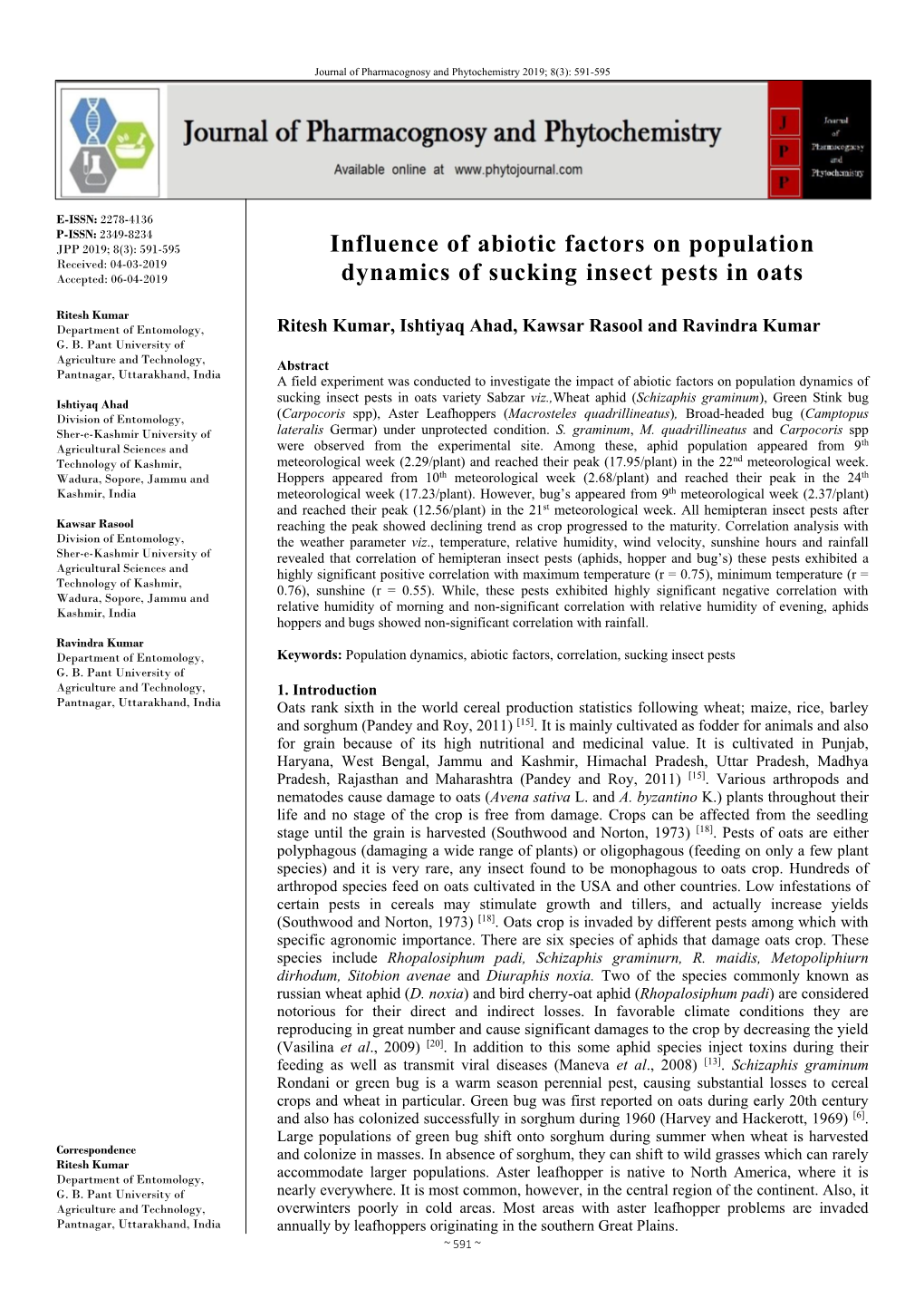 Influence of Abiotic Factors on Population Dynamics of Sucking Insect Pests in Oats