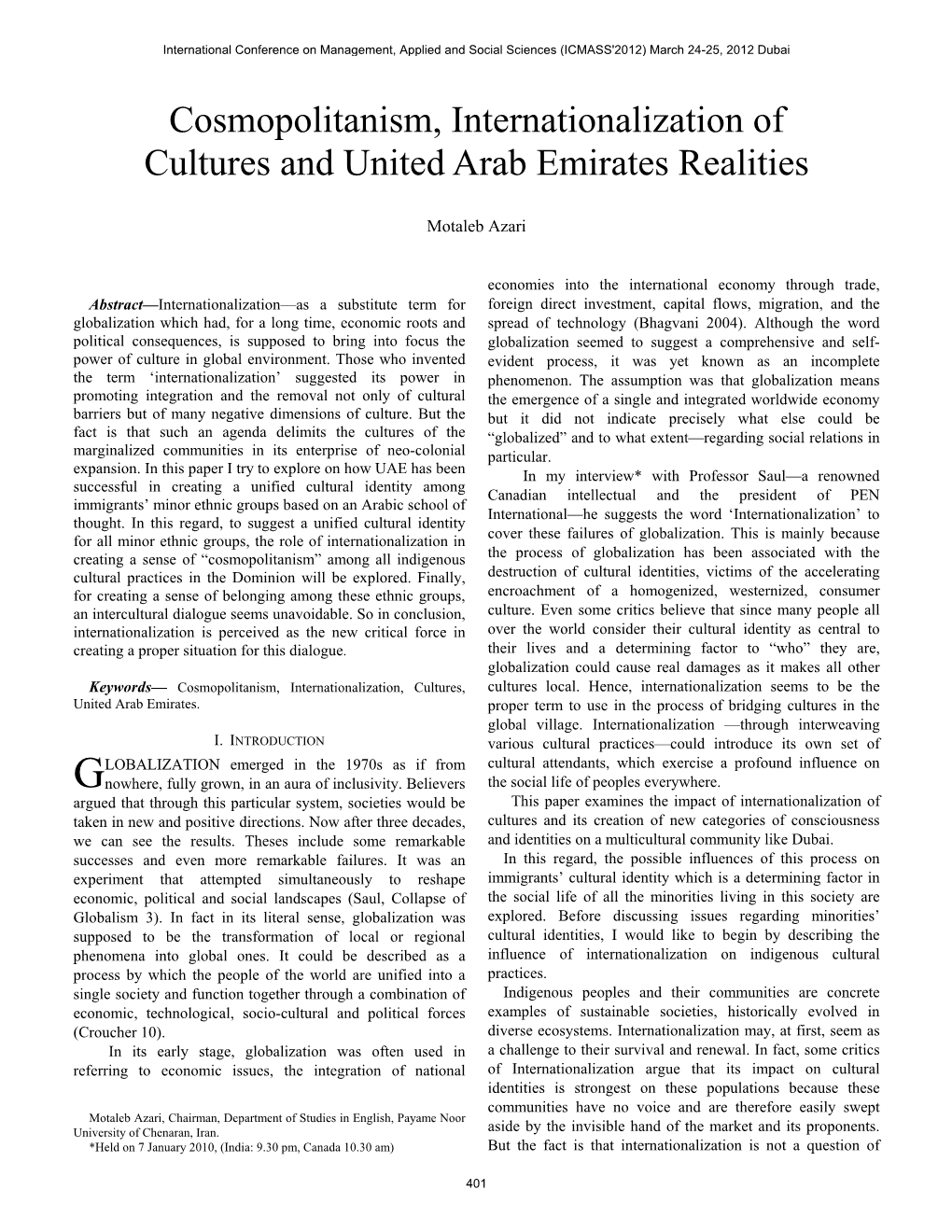 Cosmopolitanism, Internationalization of Cultures and United Arab Emirates Realities