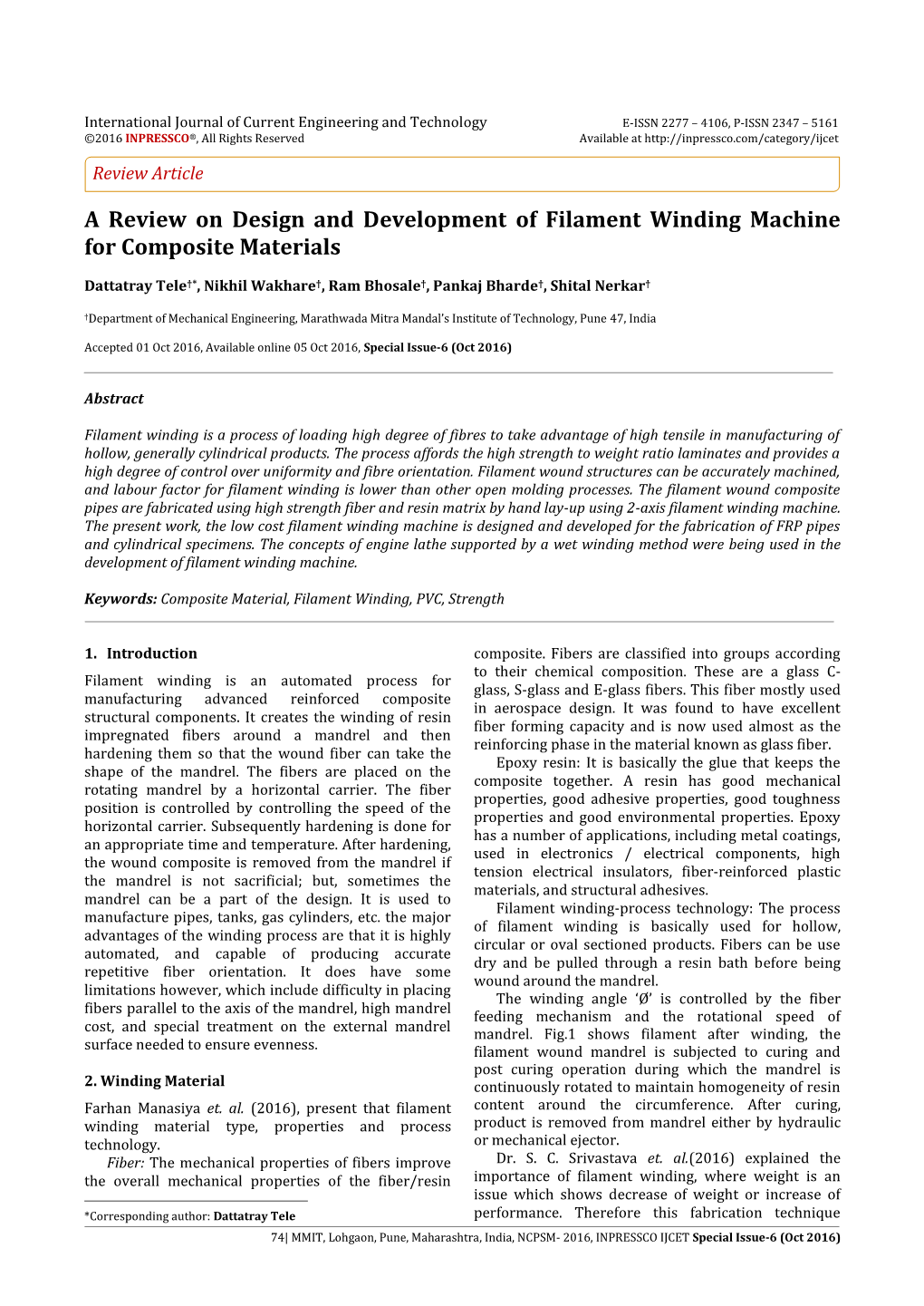 A Review on Design and Development of Filament Winding Machine for Composite Materials