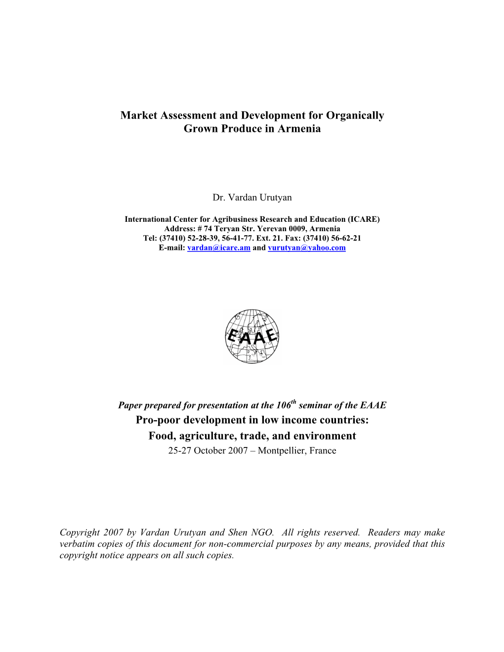 Market Assessment and Development for Organically Produced Food Products in Yerevan