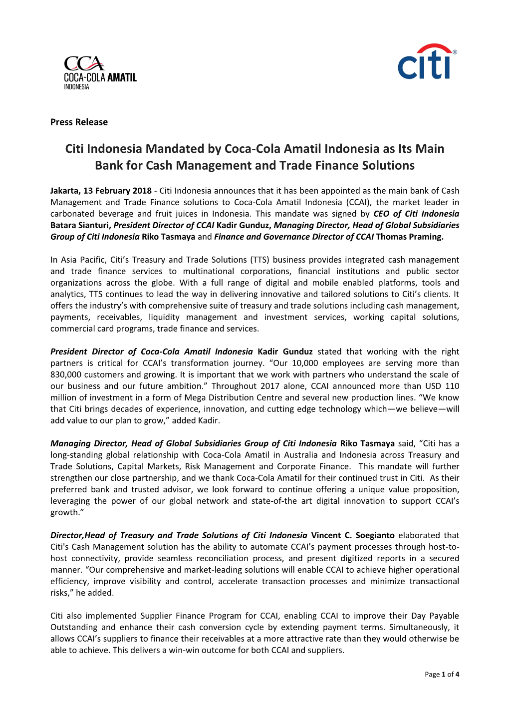 Citi Indonesia Mandated by Coca-Cola Amatil Indonesia As Its Main Bank for Cash Management and Trade Finance Solutions
