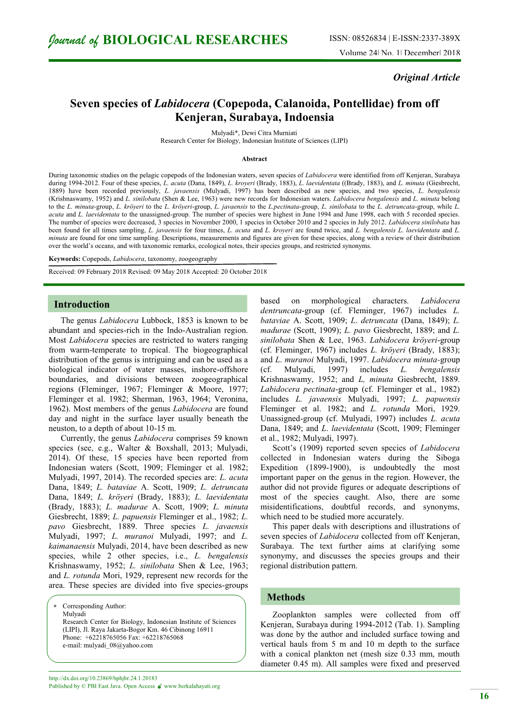 Journal of BIOLOGICAL RESEARCHES ISSN: 08526834 | E-ISSN:2337-389X Volume 24| No