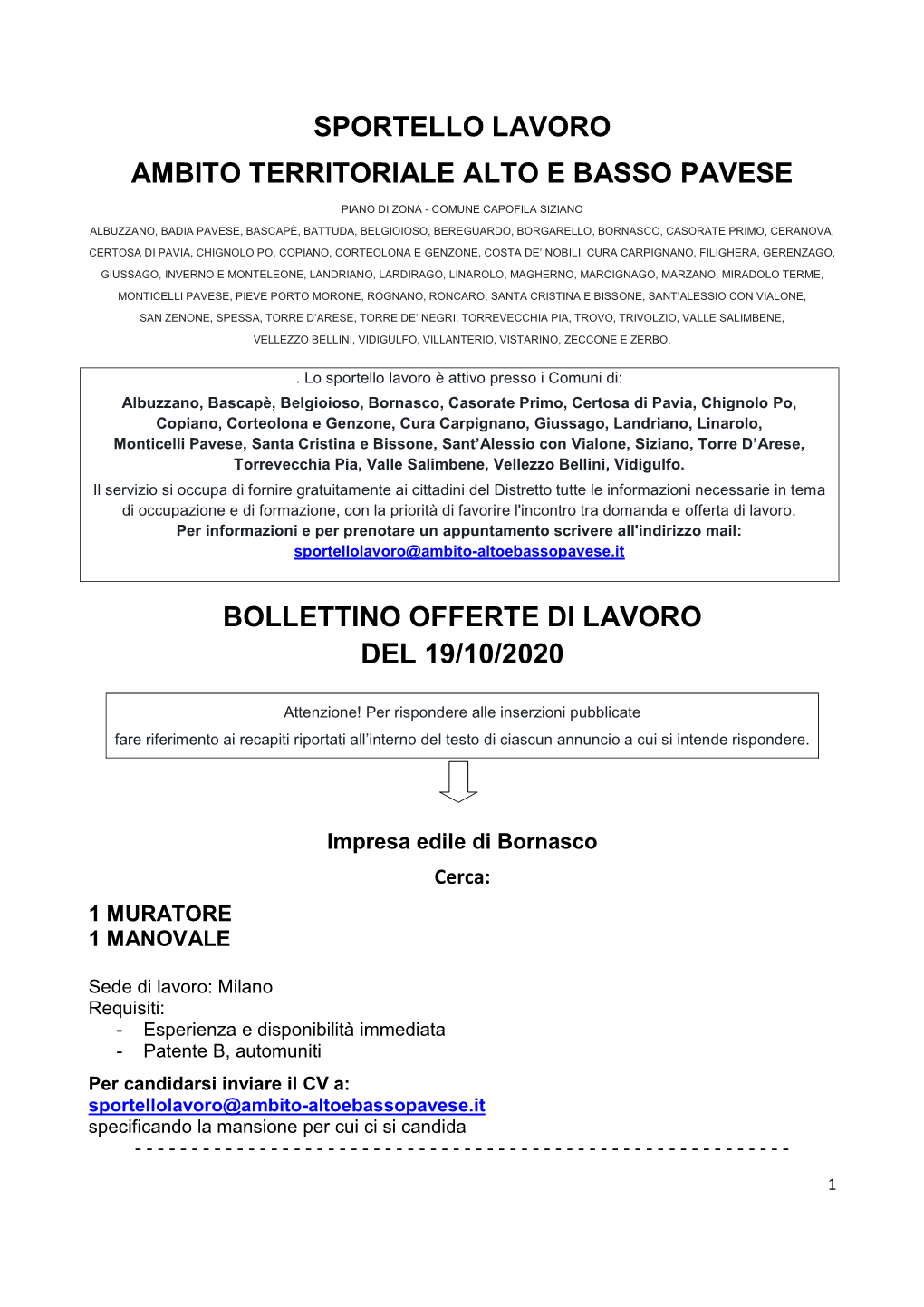 Bollettino Offerte Di Lavoro Del 19/10/2020