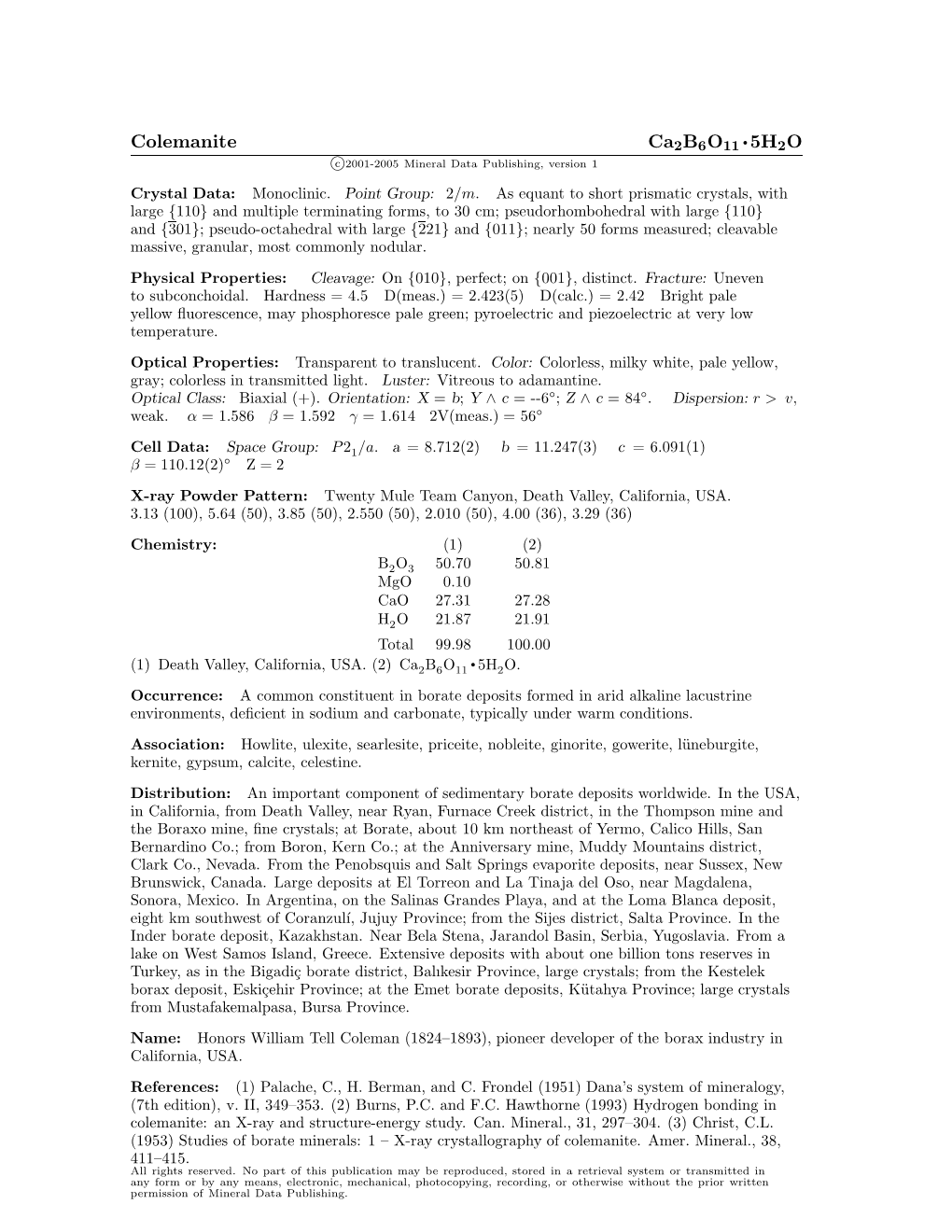 Colemanite Ca2b6o11 • 5H2O C 2001-2005 Mineral Data Publishing, Version 1