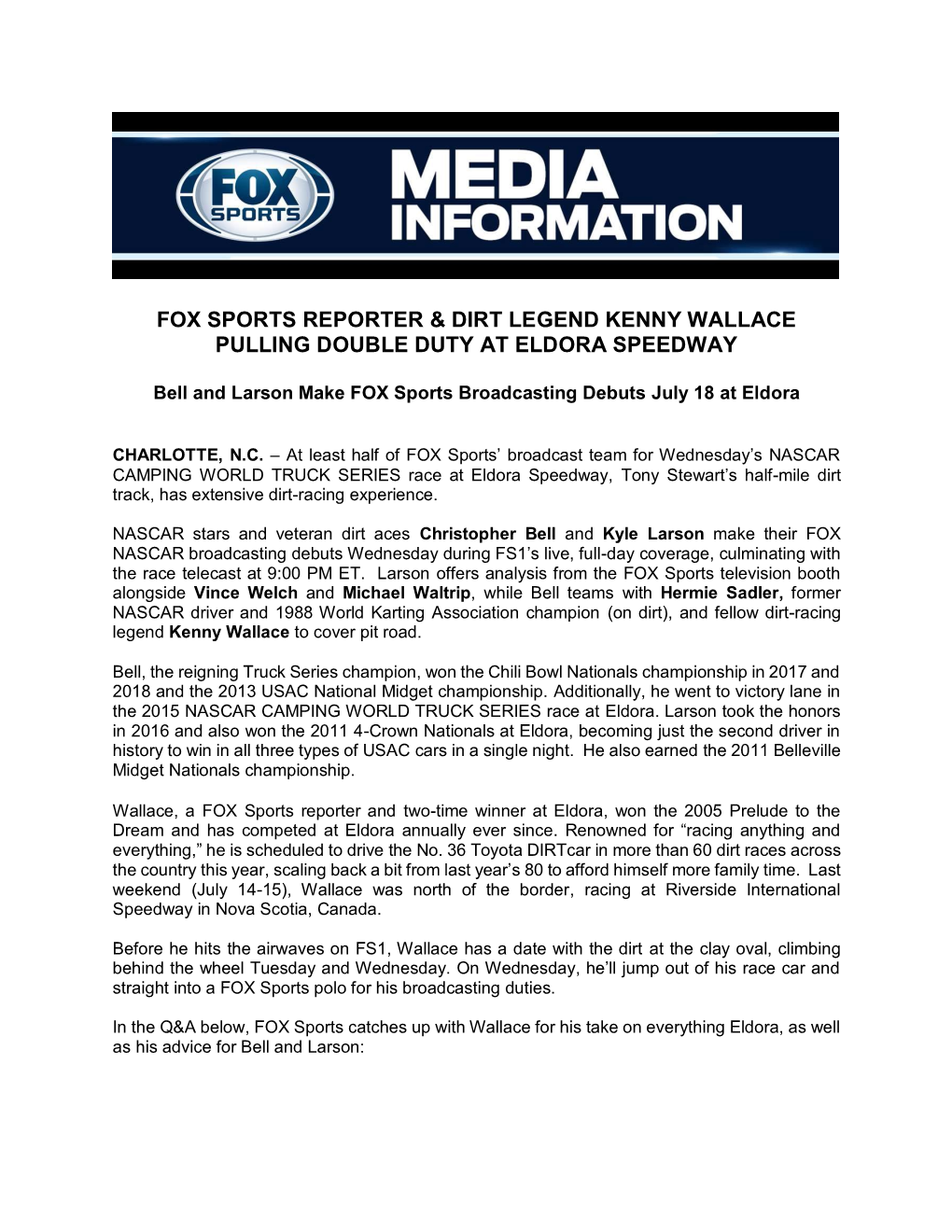 Fox Sports Reporter & Dirt Legend Kenny Wallace Pulling Double Duty