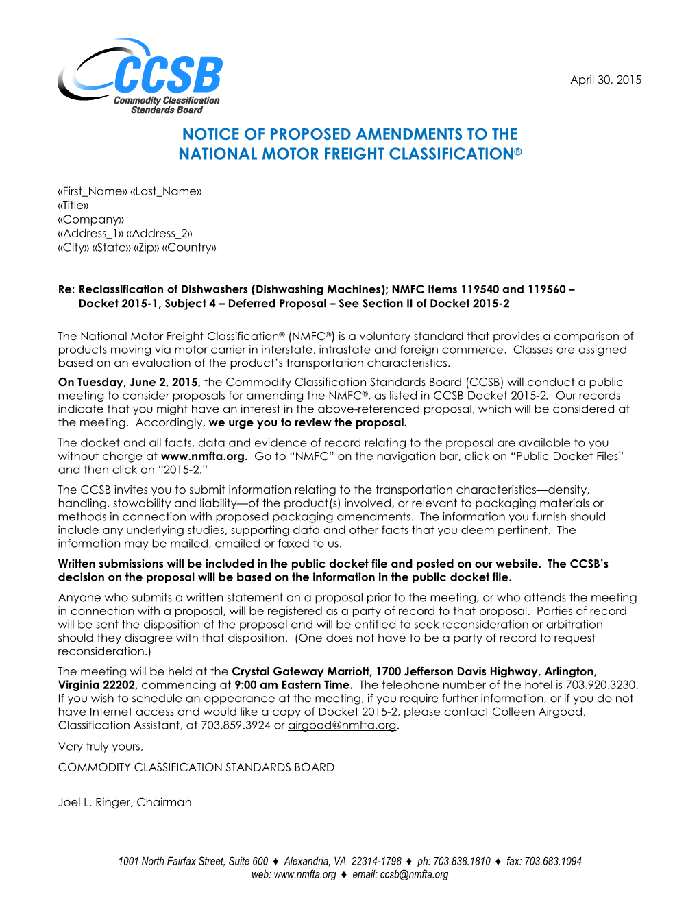 Notice of Proposed Amendments to the National Motor Freight Classification®