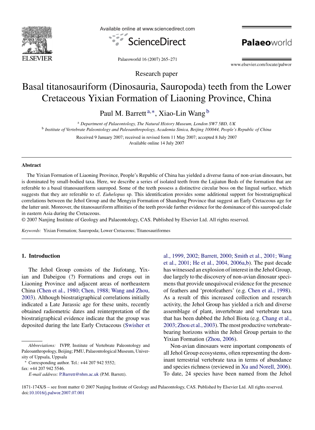 Basal Titanosauriform (Dinosauria, Sauropoda) Teeth from the Lower Cretaceous Yixian Formation of Liaoning Province, China Paul M