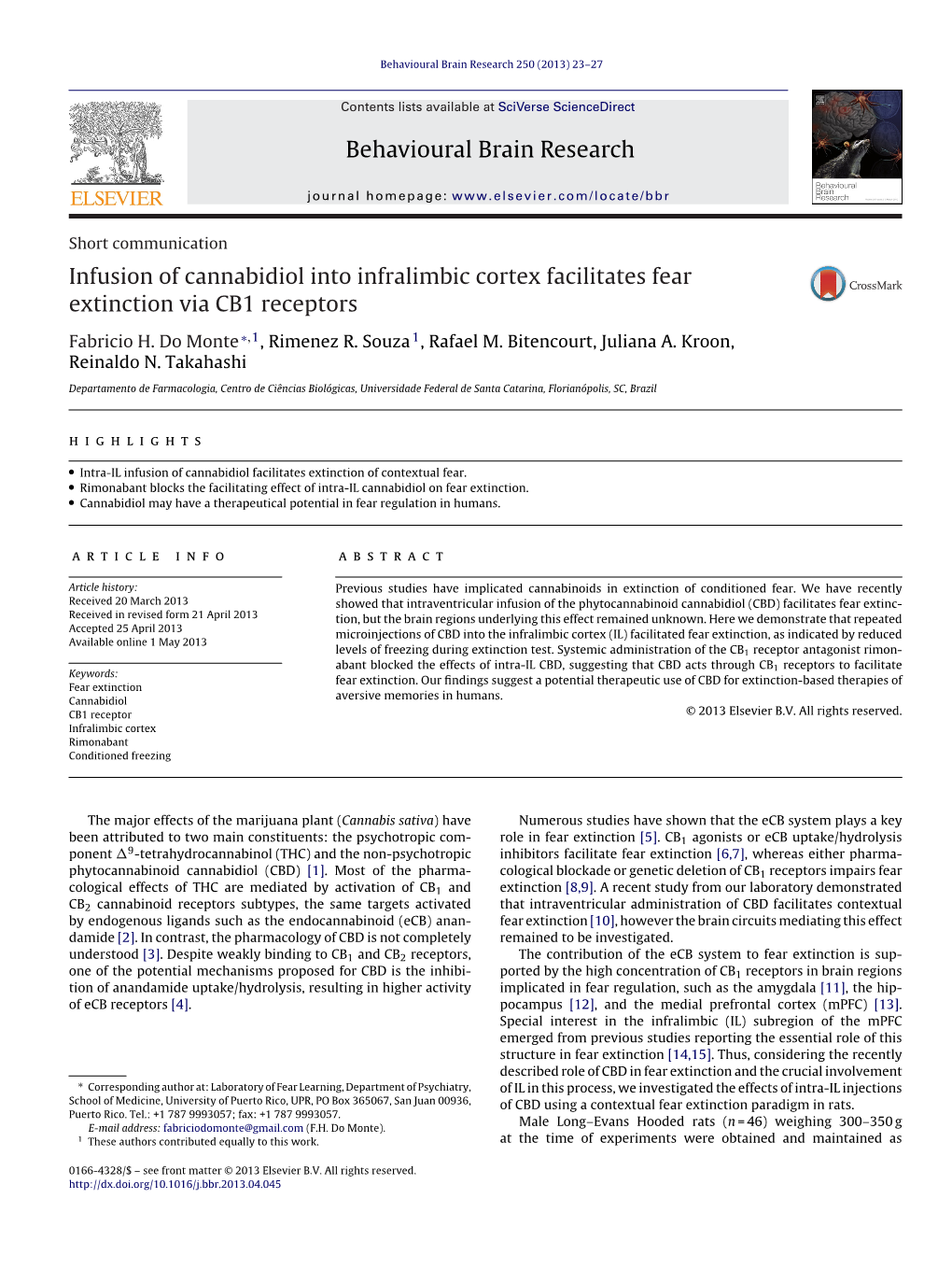 Infusion of Cannabidiol Into Infralimbic Cortex Facilitates Fear Extinction Via