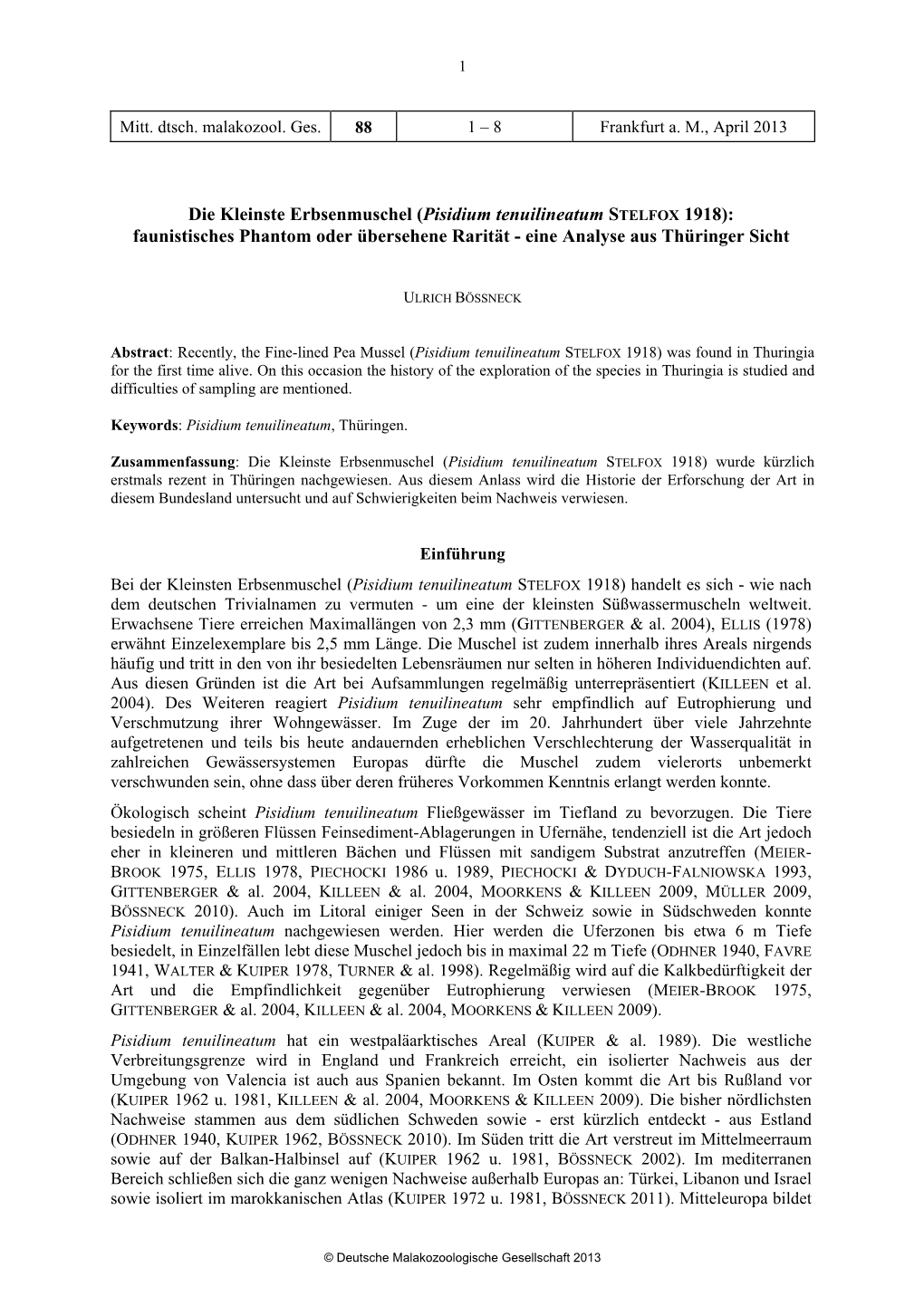 Pisidium Tenuilineatum STELFOX 1918): Faunistisches Phantom Oder Übersehene Rarität - Eine Analyse Aus Thüringer Sicht