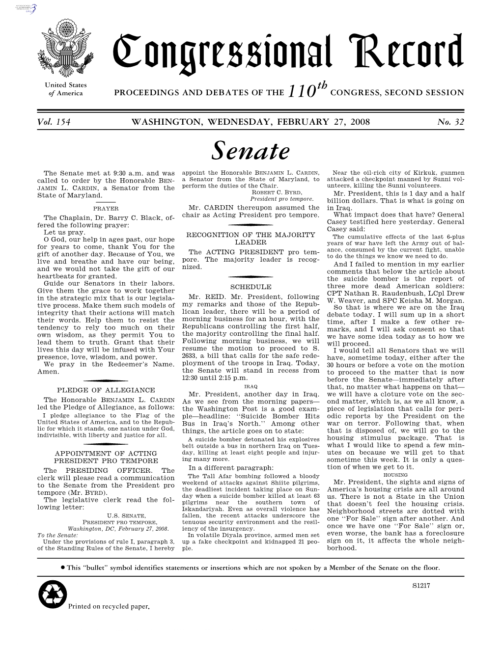 Congressional Record United States Th of America PROCEEDINGS and DEBATES of the 110 CONGRESS, SECOND SESSION