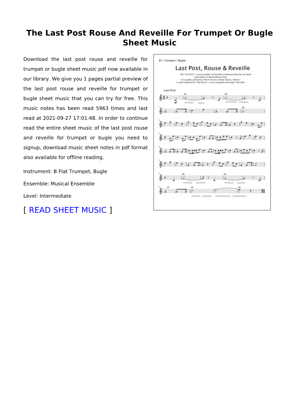 The Last Post Rouse and Reveille for Trumpet Or Bugle Sheet Music