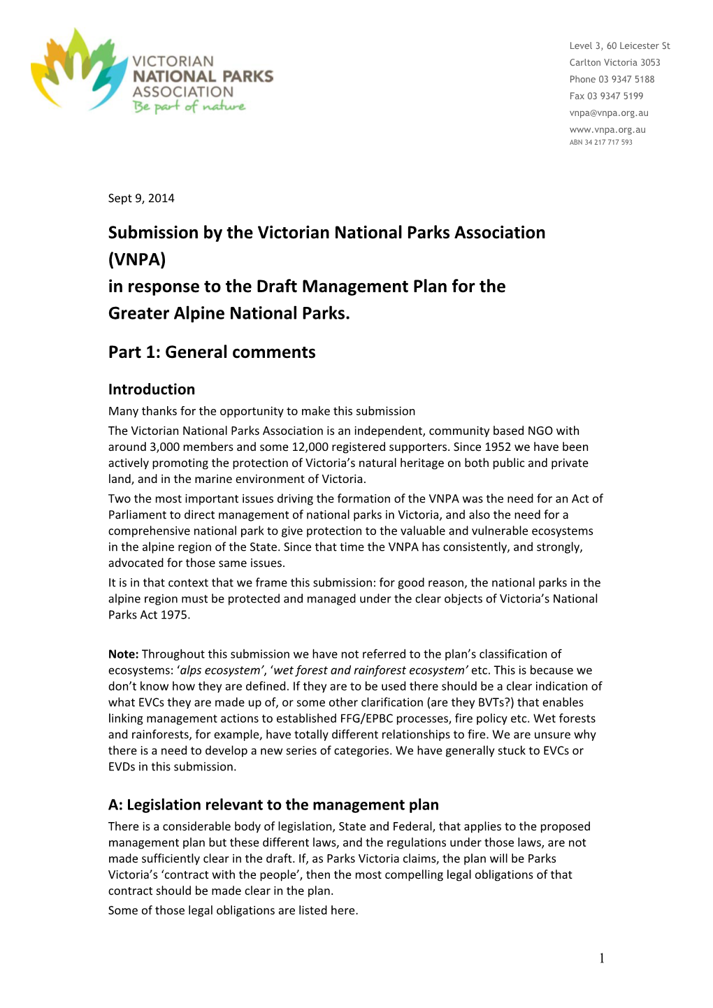 Submission by the Victorian National Parks Association (VNPA) in Response to the Draft Management Plan for the Greater Alpine National Parks