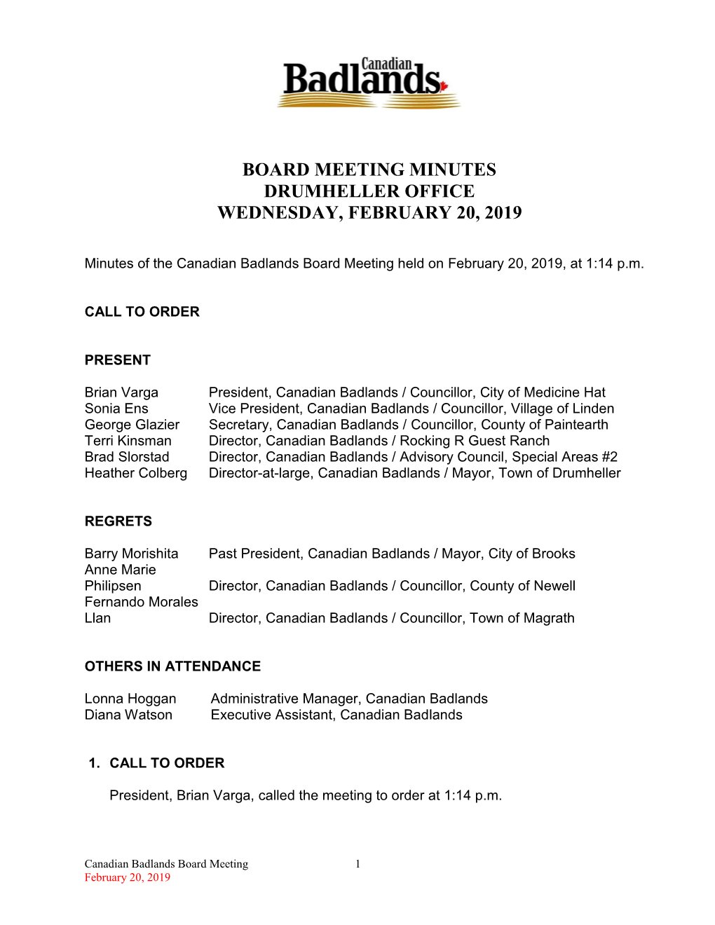 Board Meeting Minutes Drumheller Office Wednesday, February 20, 2019