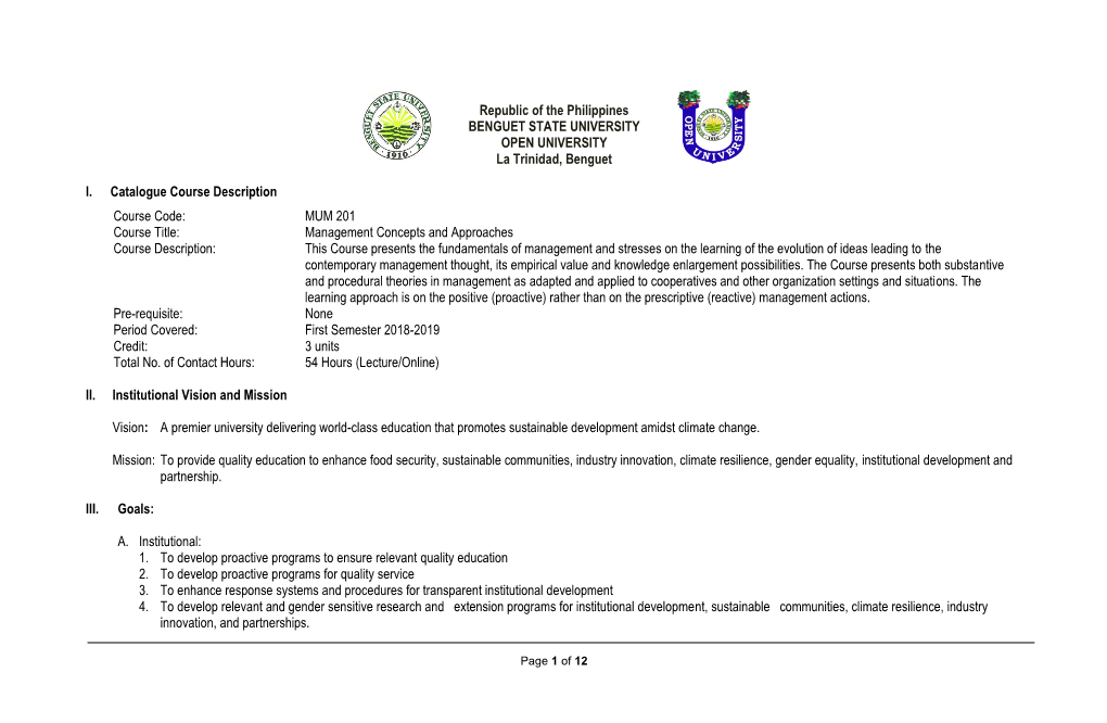 Republic of the Philippines BENGUET STATE UNIVERSITY OPEN UNIVERSITY La Trinidad, Benguet