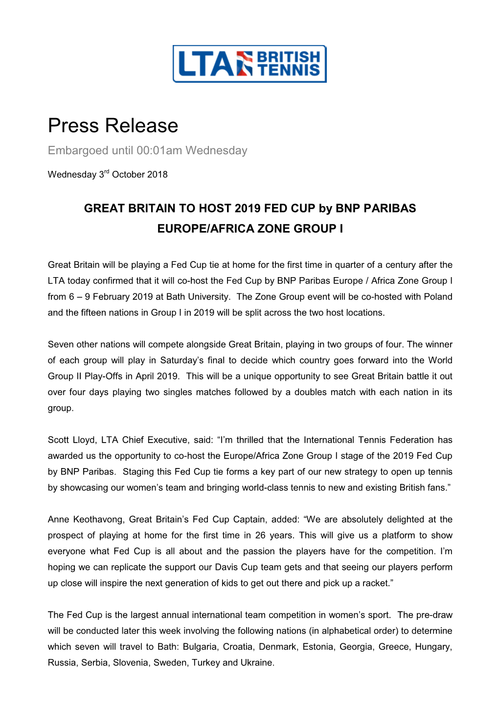 Great Britain to Host Fed Cup 2019 3 October 2018