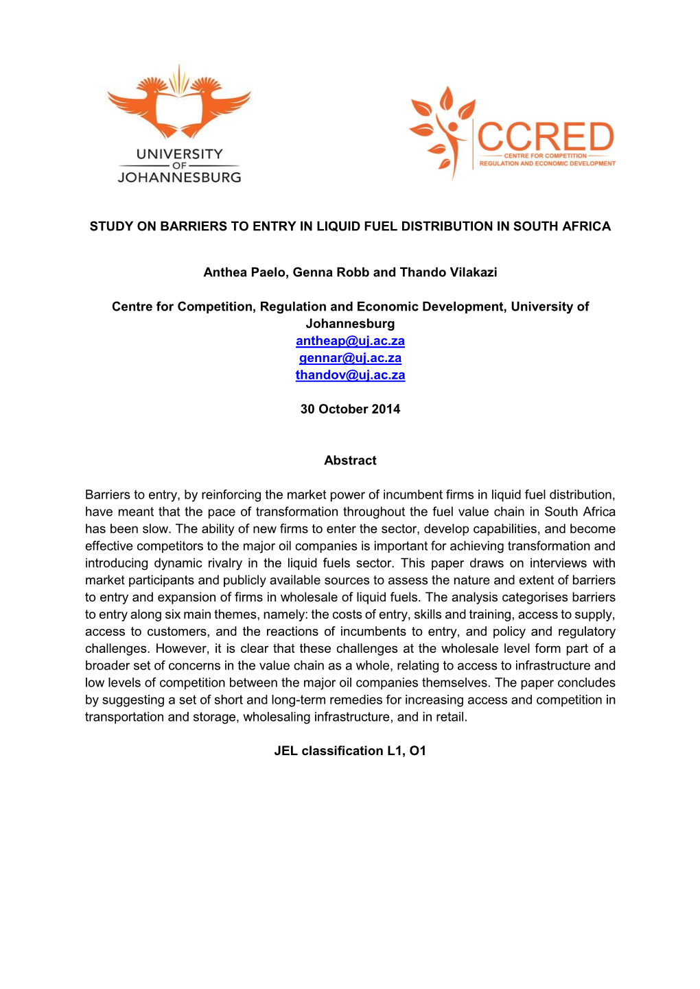 Study on Barriers to Entry in Liquid Fuel Distribution in South Africa