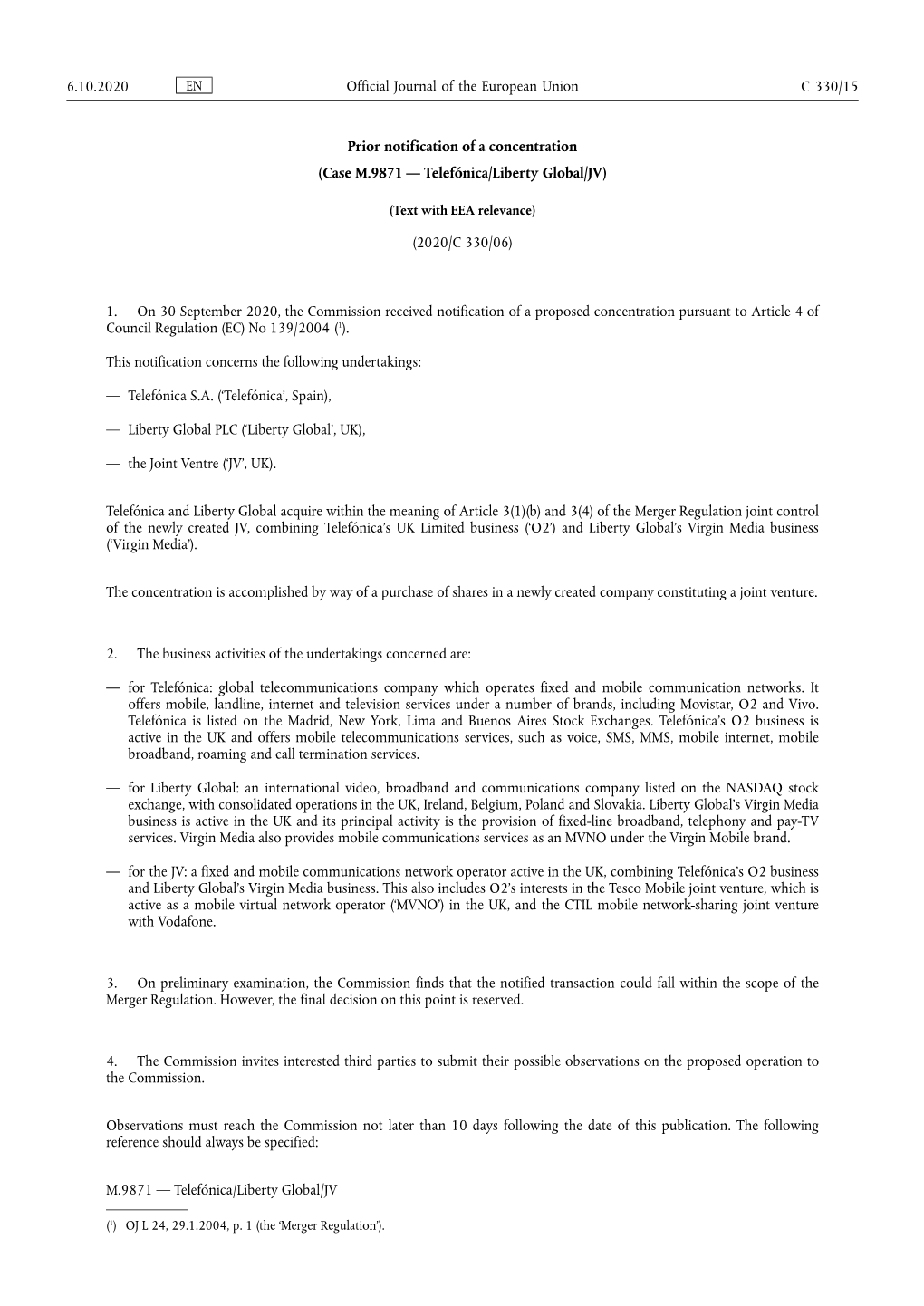 Case M.9871 — Telefónica/Liberty Global/JV) (2020/C 330/06