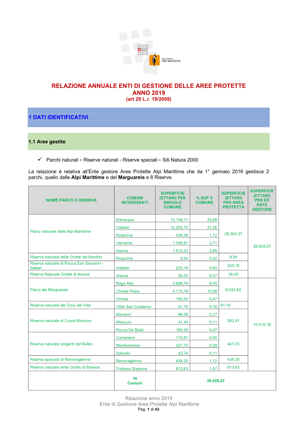 RELAZIONE ANNUALE ENTI DI GESTIONE DELLE AREE PROTETTE ANNO 2019 (Art 29 L.R