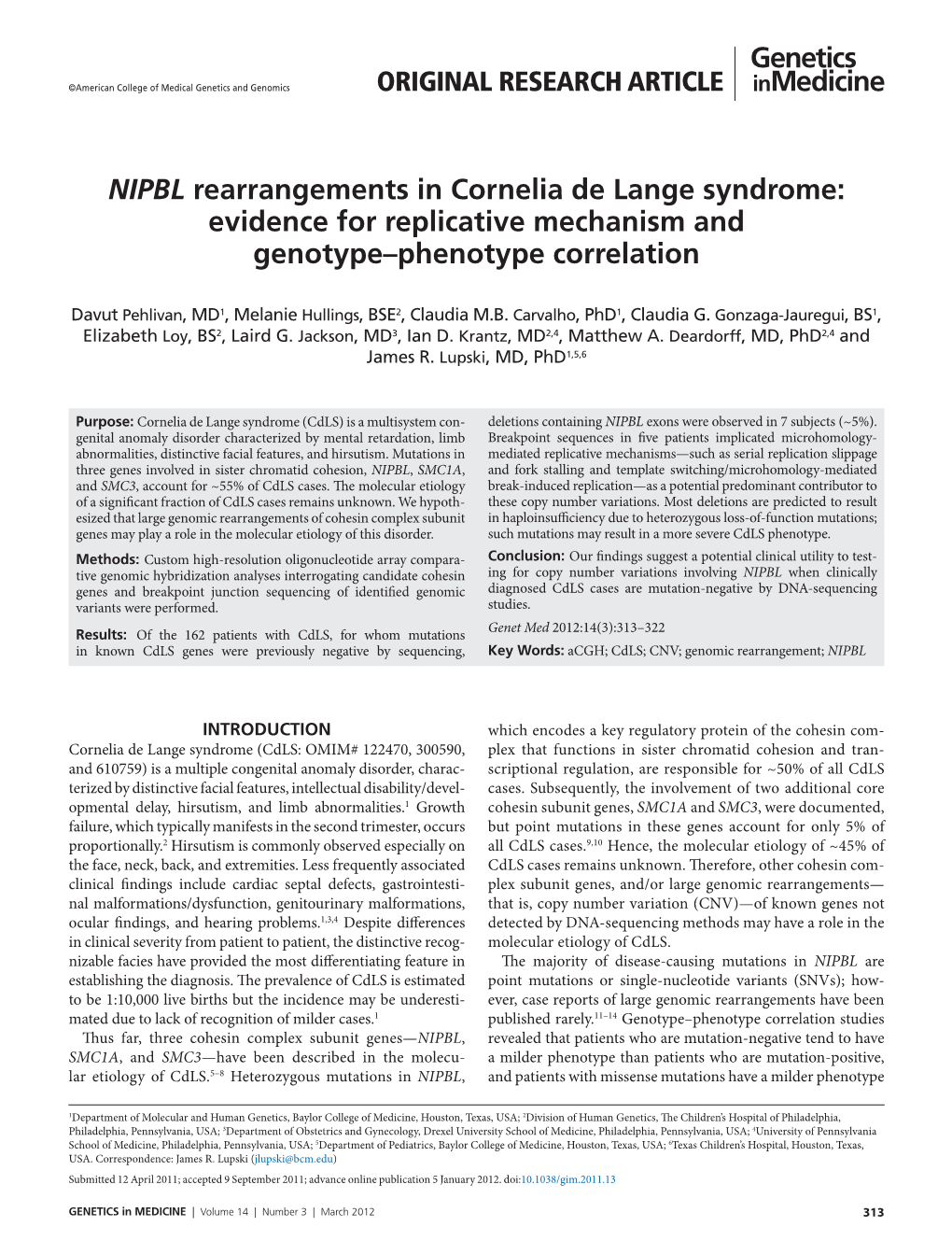 NIPBL Rearrangements in Cornelia De Lange Syndrome: Evidence for Replicative Mechanism and Genotype–Phenotype Correlation