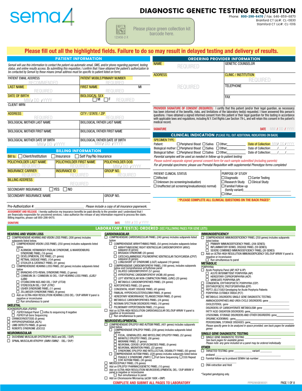 Diagnostic Genetic Testing Requisition