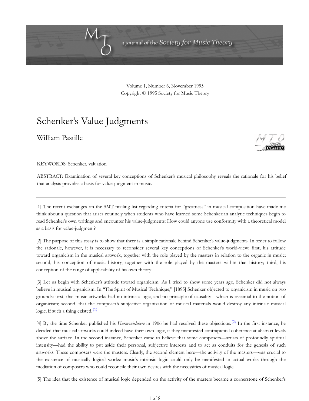 MTO 1.6: Pastille, Schenker's Value Judgments