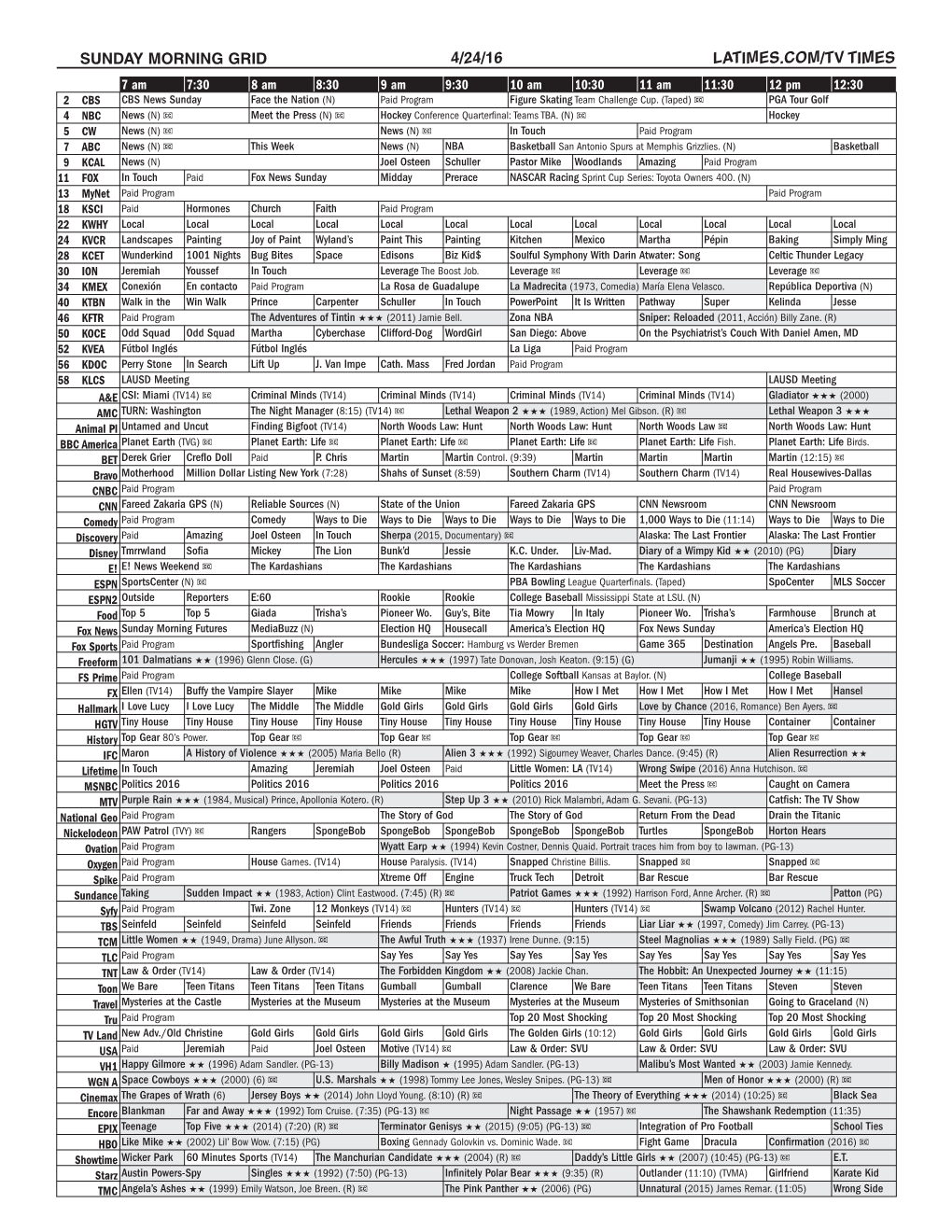 Sunday Morning Grid 4/24/16 Latimes.Com/Tv Times