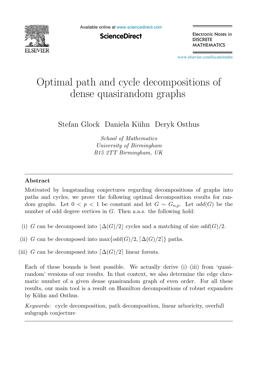 Optimal Path and Cycle Decompositions of Dense Quasirandom Graphs