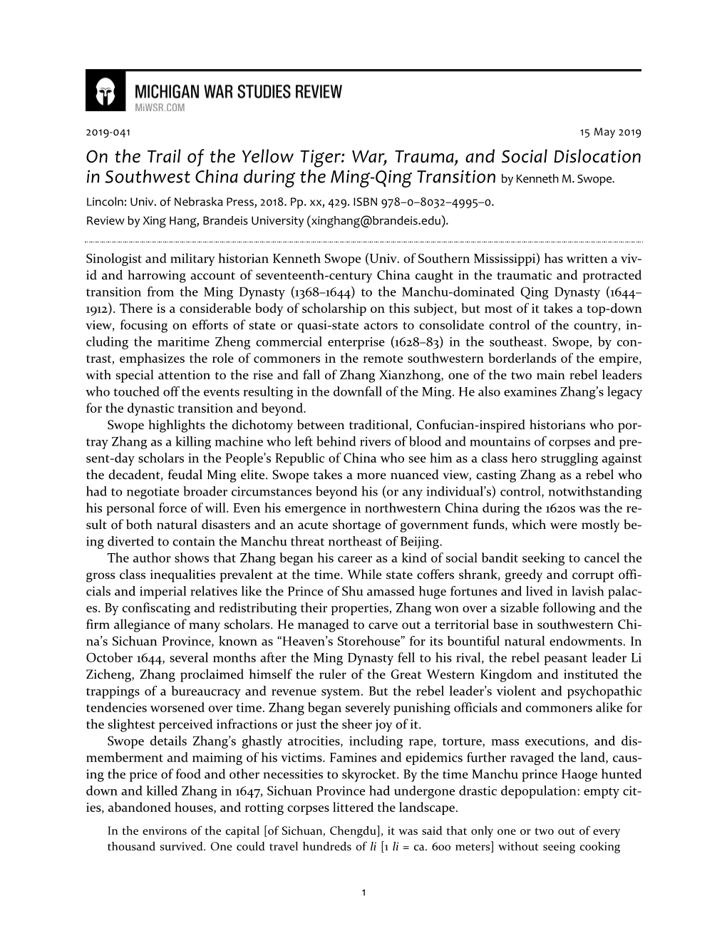 War, Trauma, and Social Dislocation in Southwest China During the Ming-Qing Transition by Kenneth M